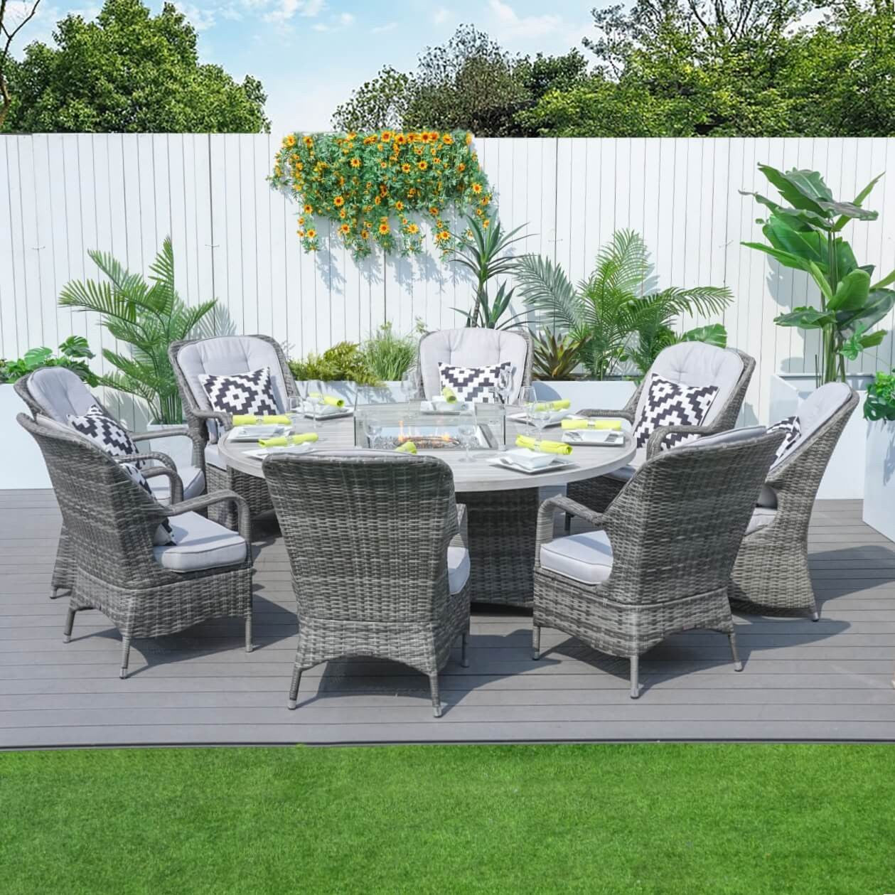 8 Seats Round Fire Pit Set with Aluminium Tabletop & Rattan Chairs 