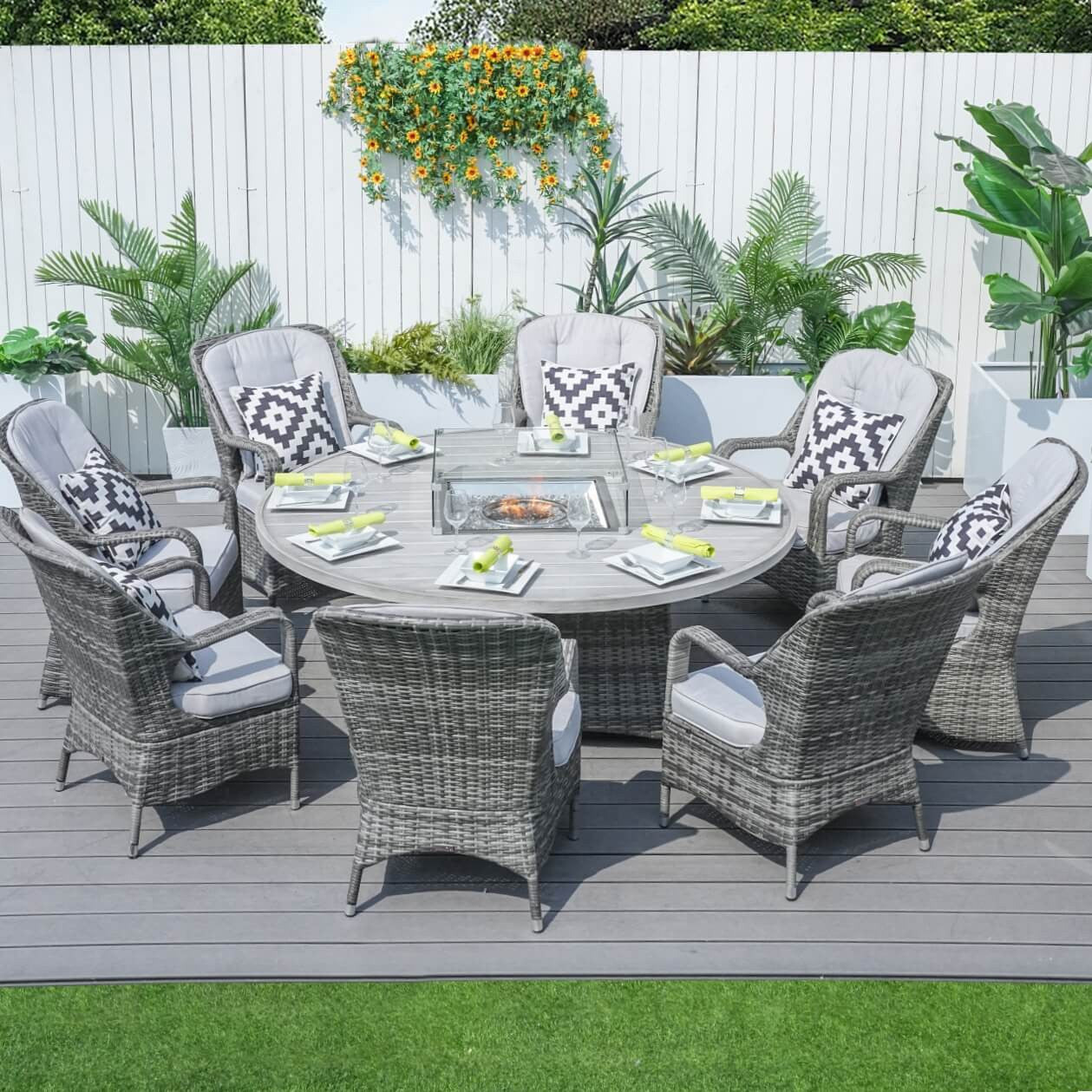 8 Seats Round Fire Pit Set with Aluminium Tabletop & Rattan Chairs 