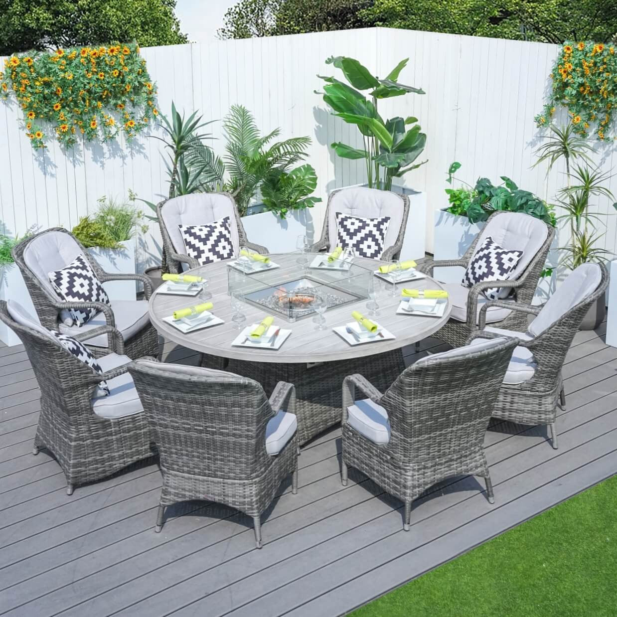 Direct Wicker 8-Piece Round Fire Pit Set with Aluminum Table & Rattan Chairs in Gray Color