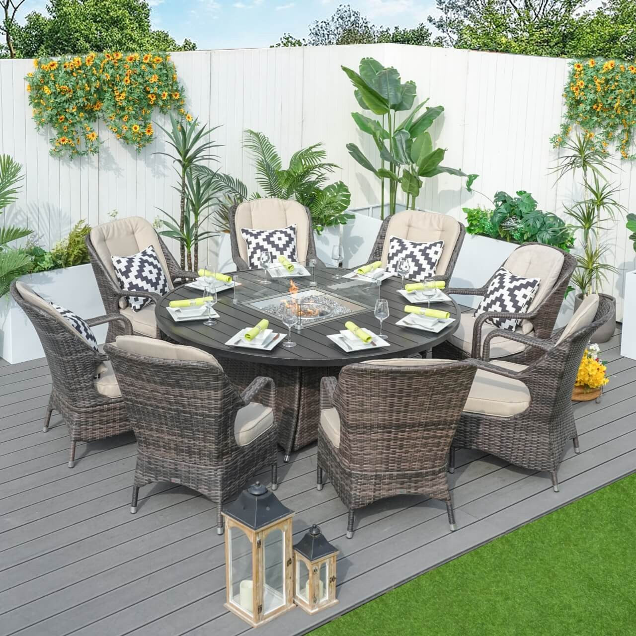 8 Seats Round Fire Pit Set with Aluminium Tabletop & Rattan Chairs 