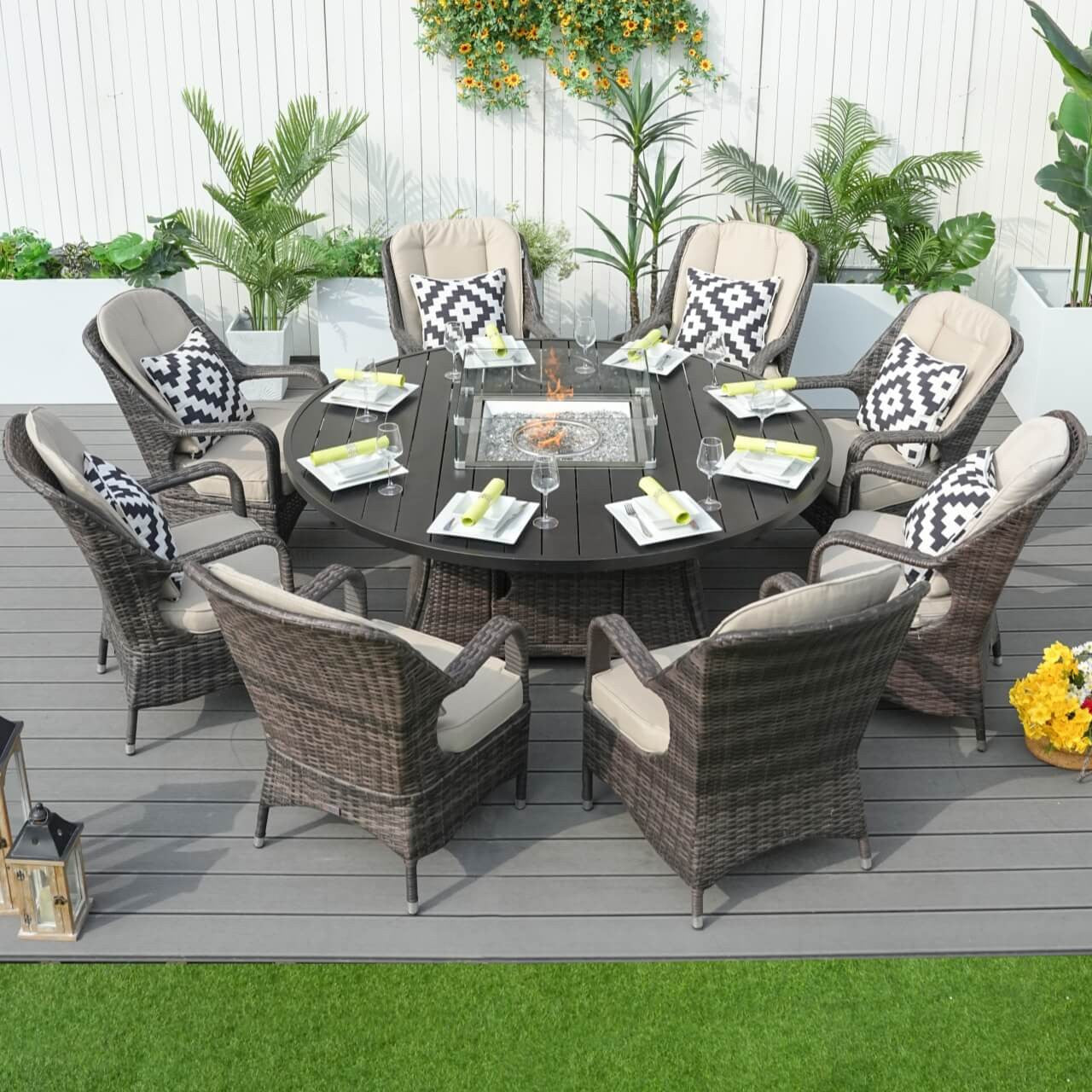Direct Wicker 8-Piece Round Fire Pit Set with Aluminum Table & Rattan Chairs in Brown Color