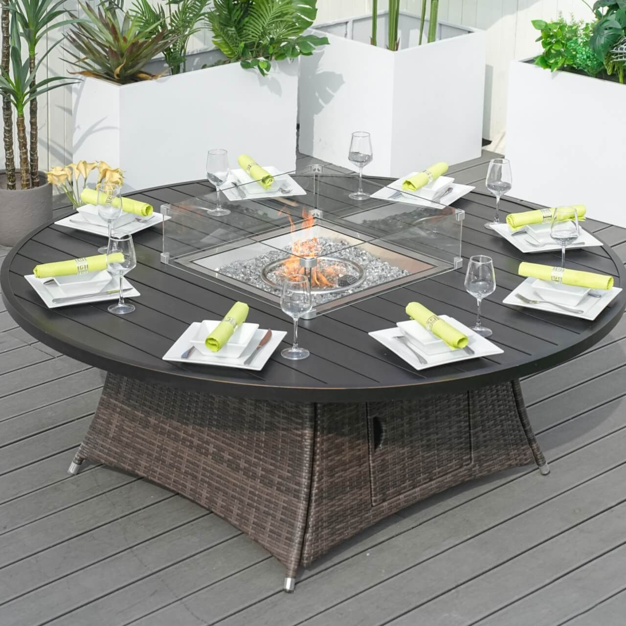 8 Seats Round Fire Pit Set with Aluminium Tabletop & Rattan Chairs 