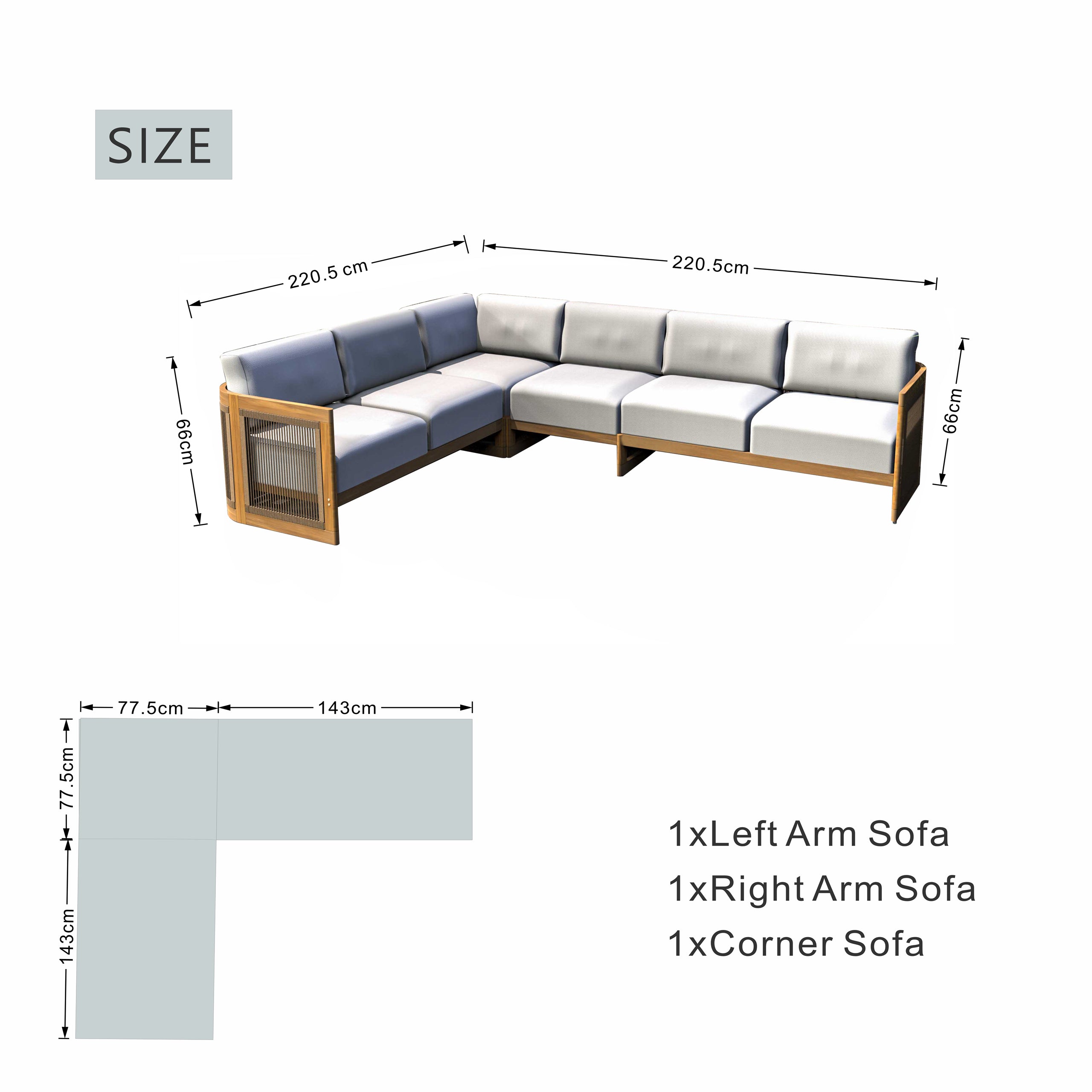L-Shape 5 seat Solid Acacia Modular Sofa Set with Cushions – Lounge Configuration (PAS-2516-LS+CS+MS+RS)