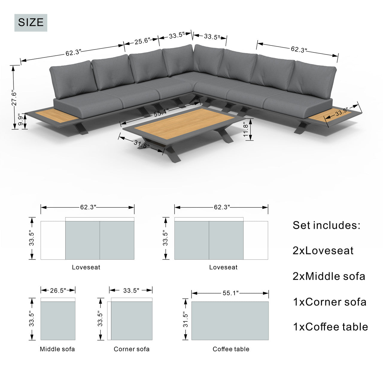 High-grade teak handrails aluminum dew pipe sofa garden set