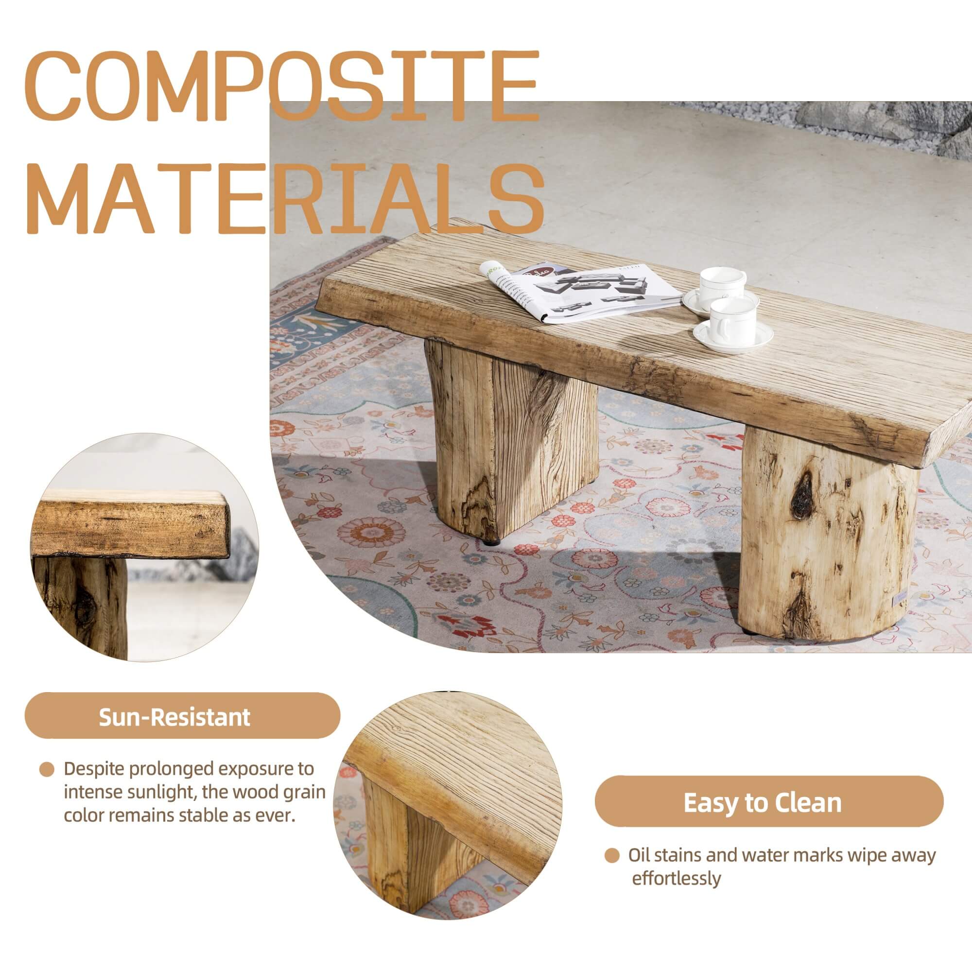 Natural Wood Coffee Table – Terrafab Composite Material with Iron Frame（PAD-24927TA）