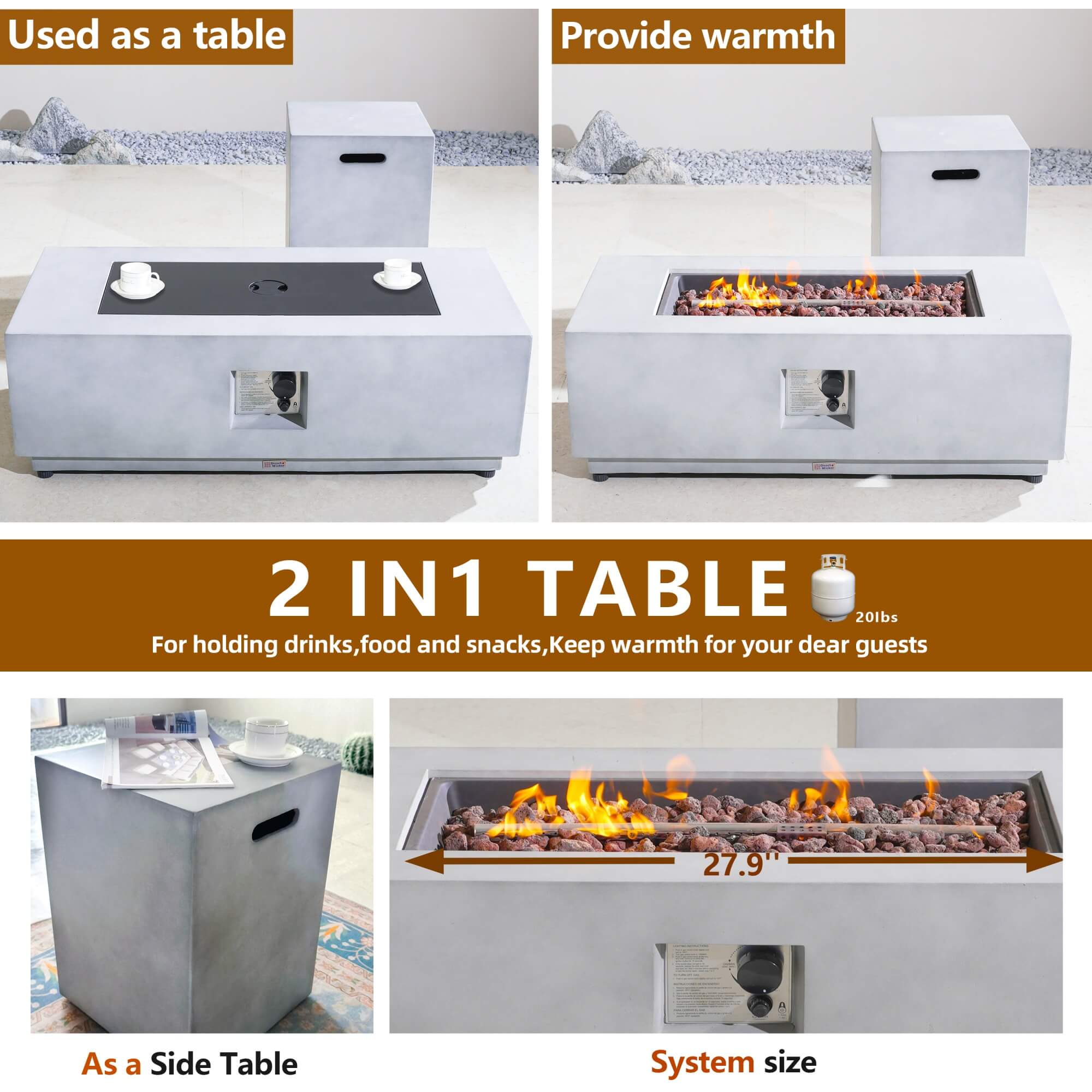 Rectangular Fire Pit Table with Propane Tank Side Table