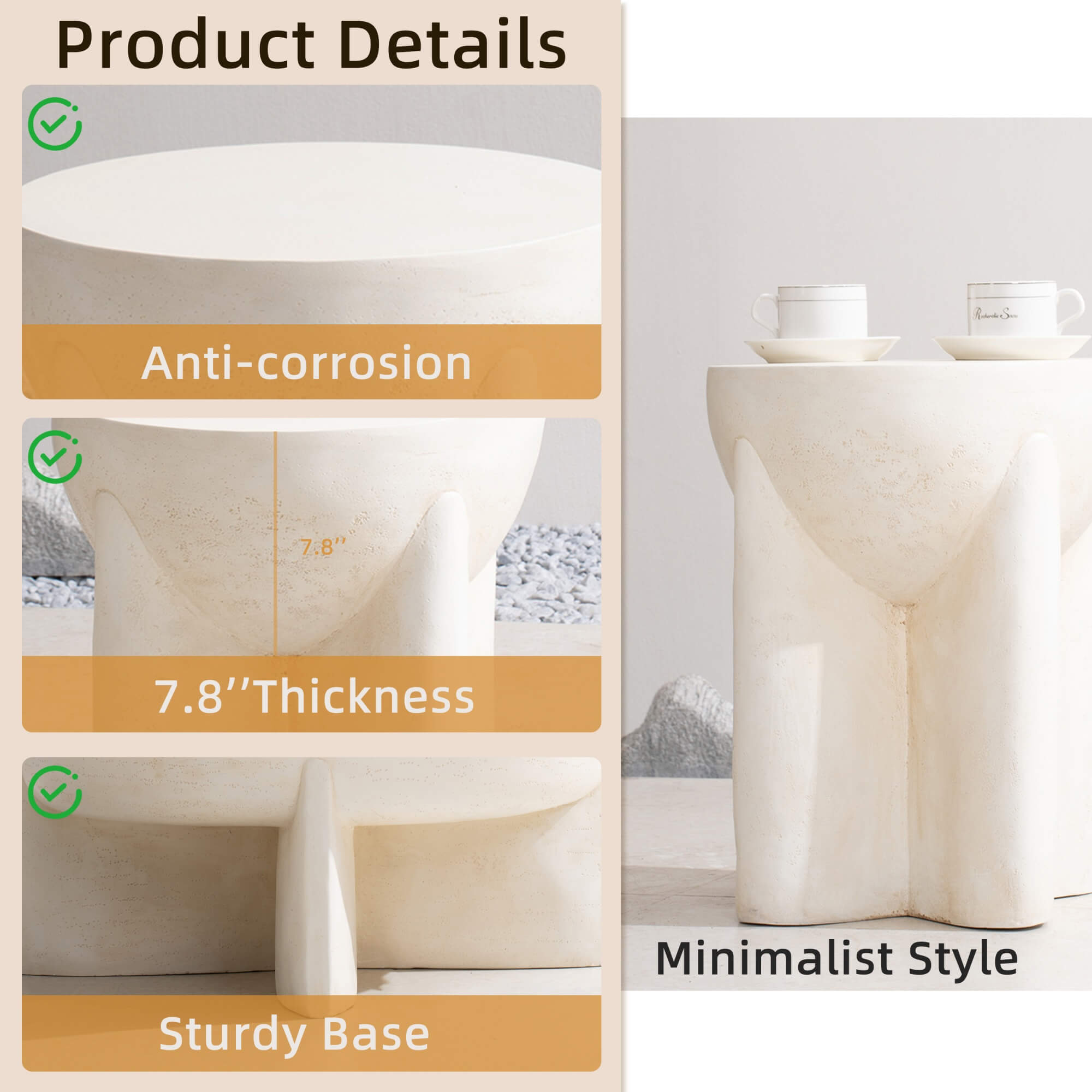 Premium Magnesium Oxide Round Side Coffee Table – Cream Color with Adjustable Knob