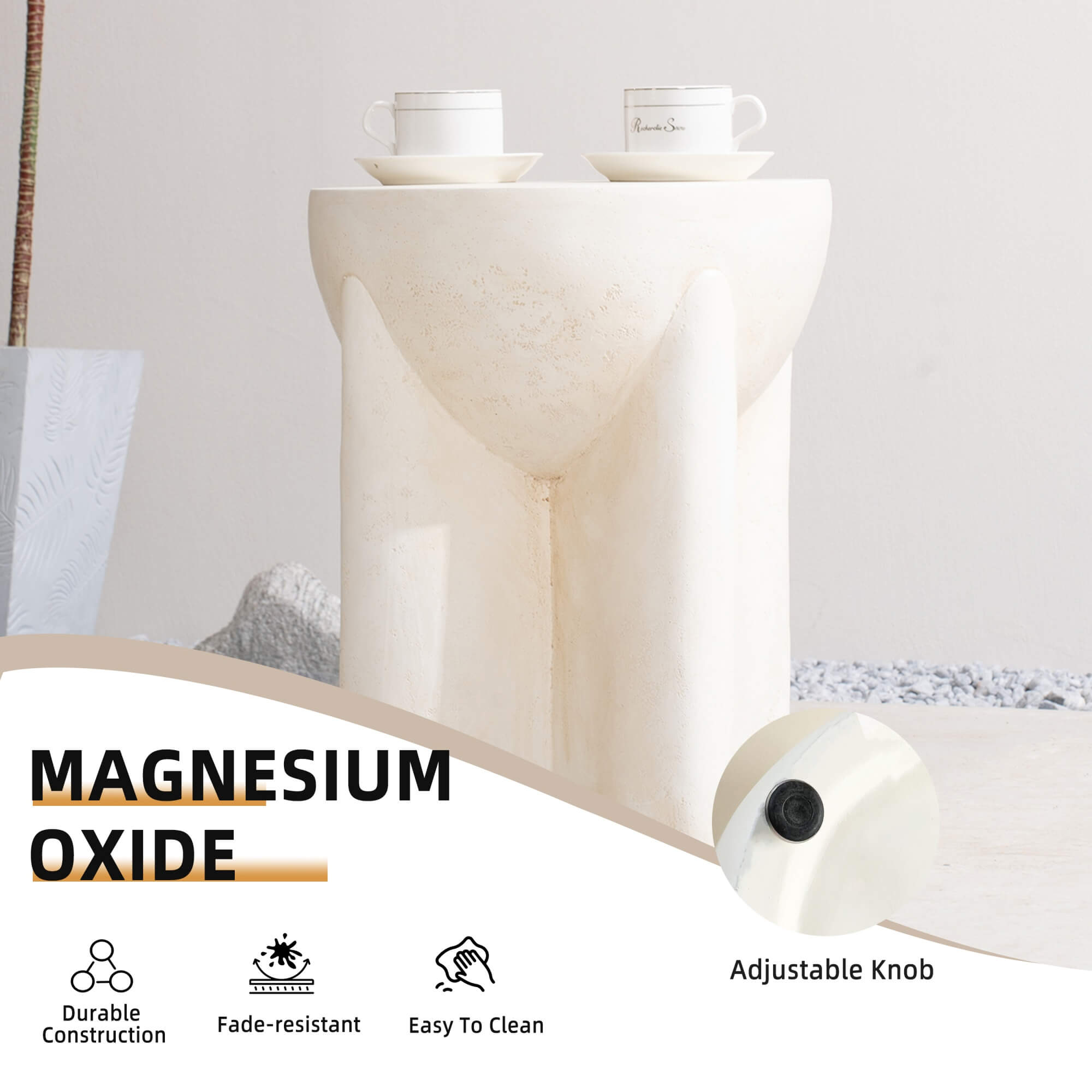 Premium Magnesium Oxide Round Side Coffee Table – Cream Color with Adjustable Knob