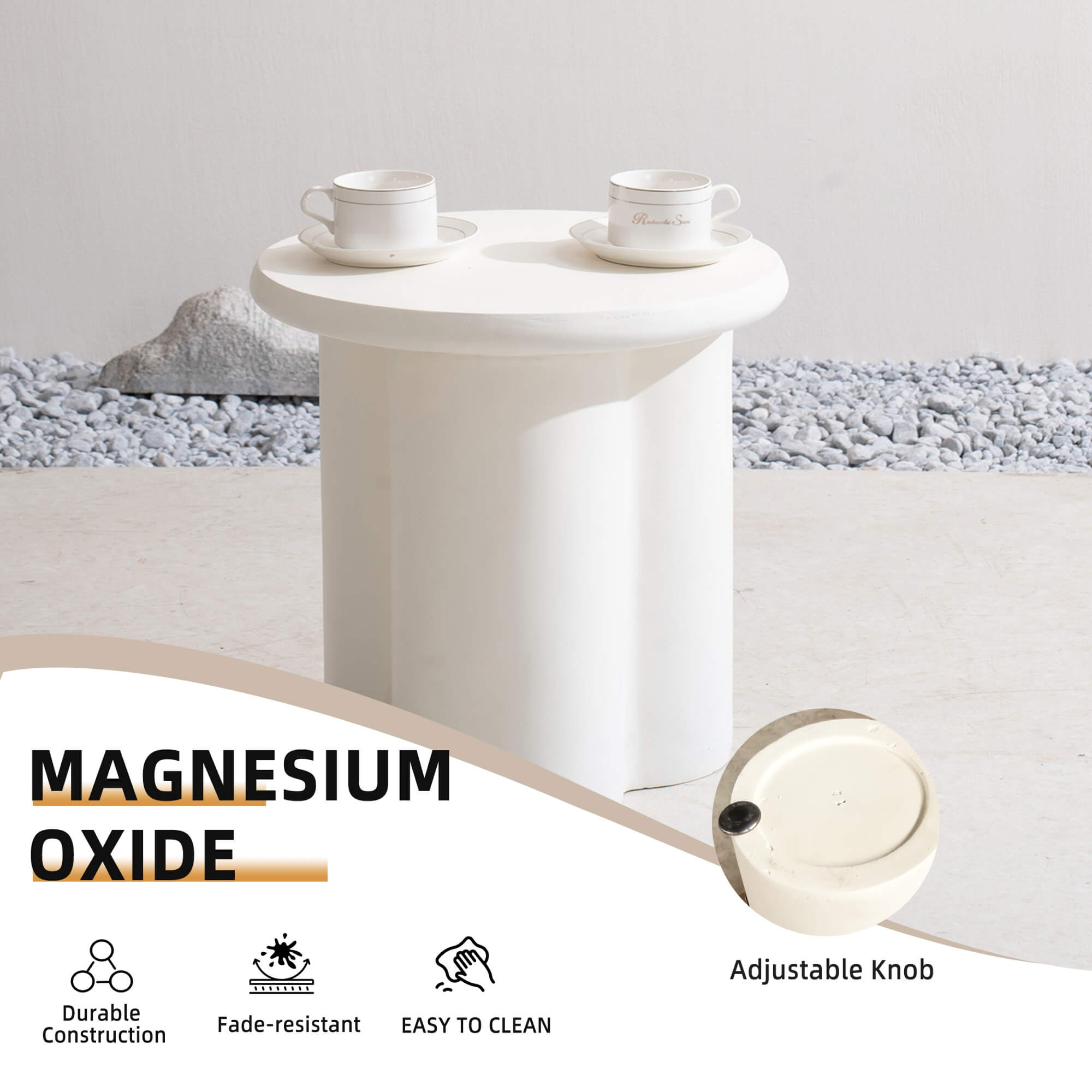 Premium Magnesium Oxide Round Side Coffee Table – Cream Color with Adjustable Knob