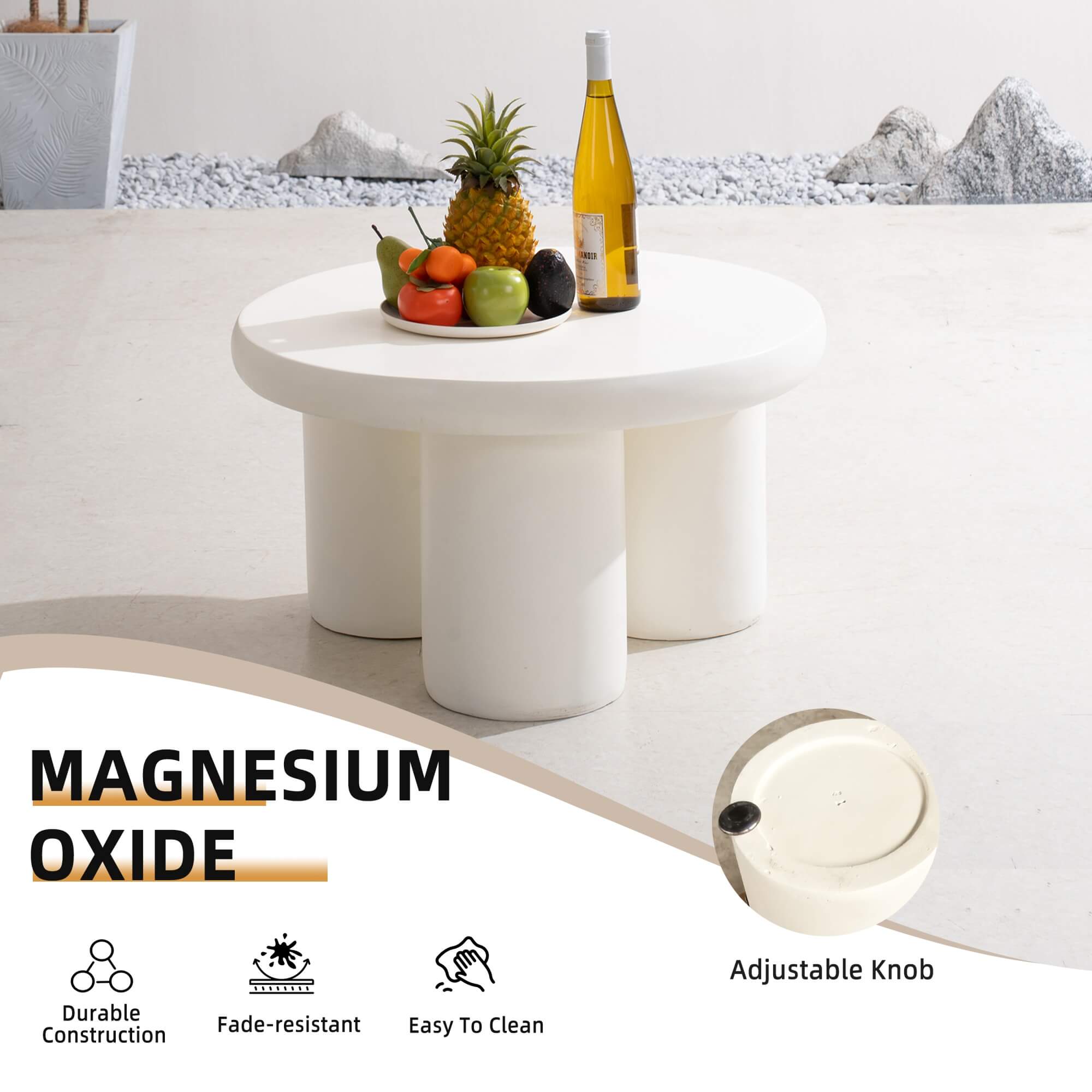 Premium Magnesium Oxide Round Coffee Table – Cream Color with Adjustable Knob