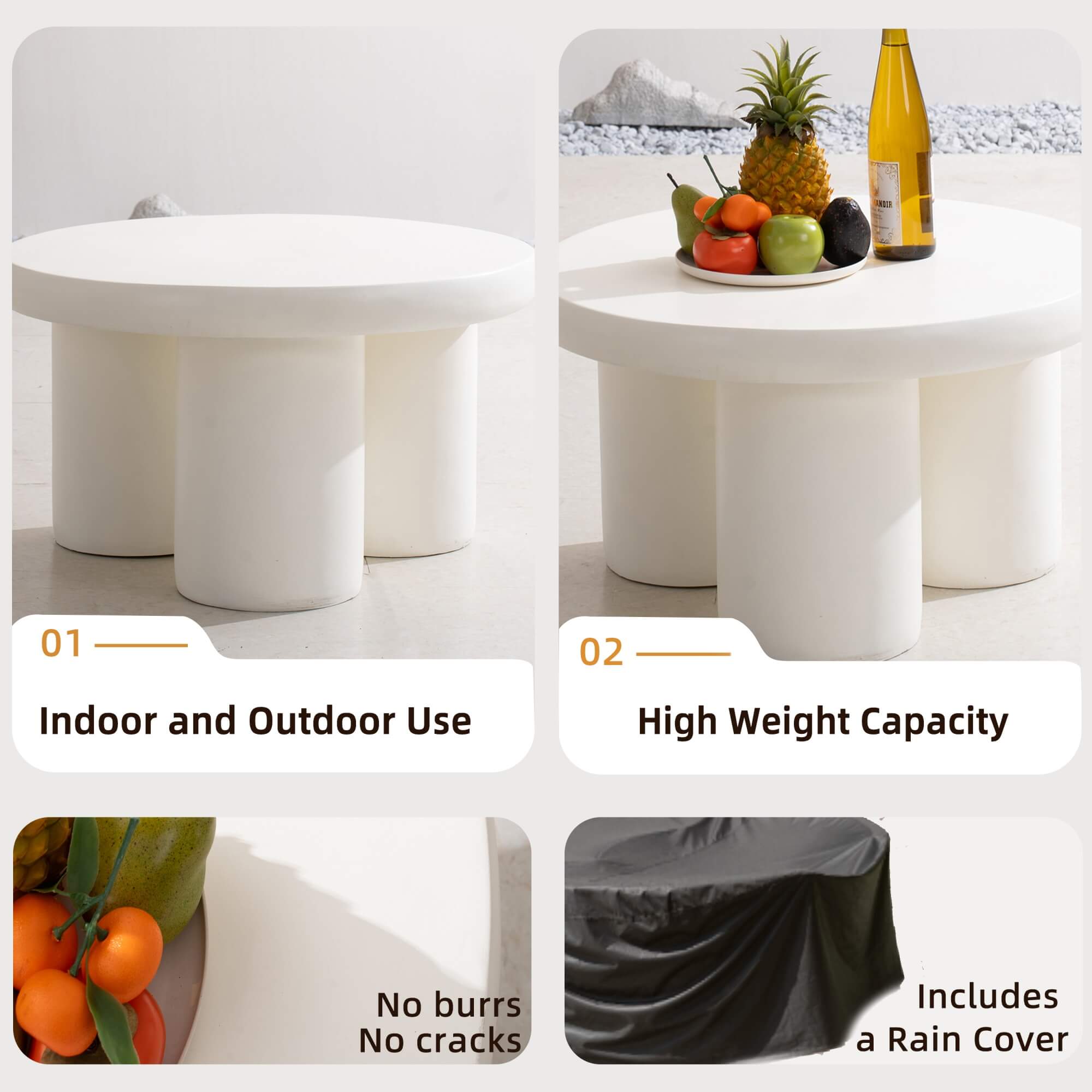 Premium Magnesium Oxide Round Coffee Table – Cream Color with Adjustable Knob