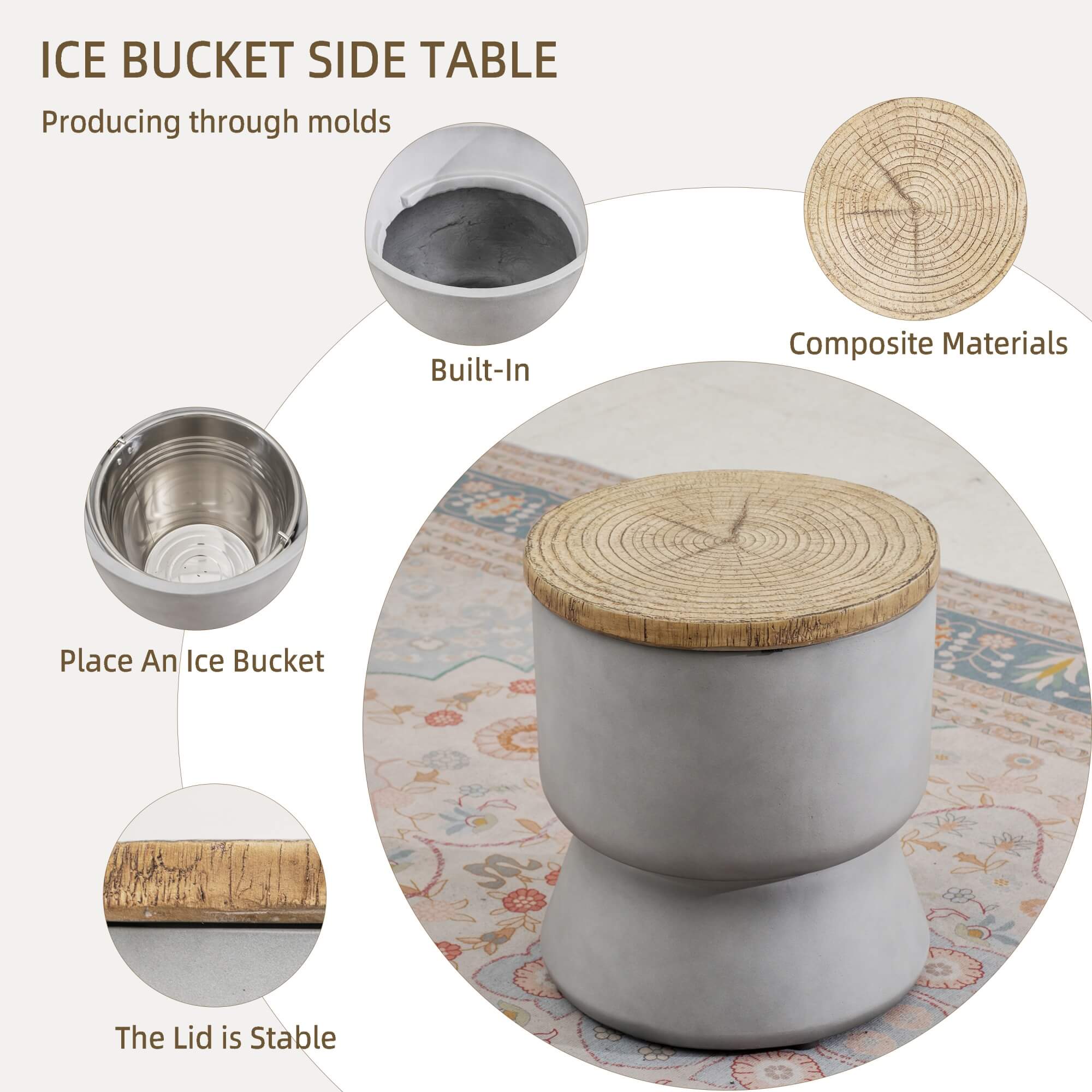 Silver Gray Side Table with Ice Bucket – Terrafab Composite Material（PAT-24918IB）