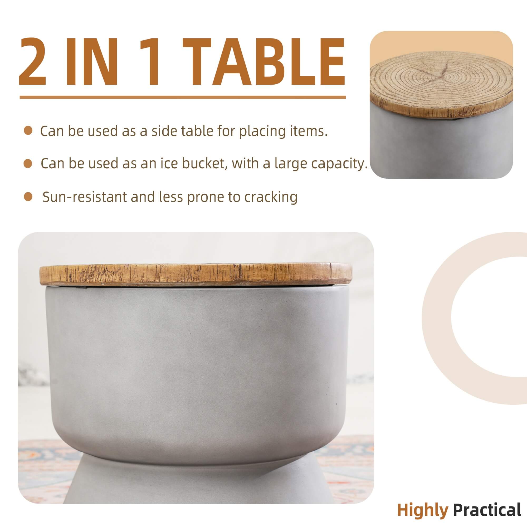 Silver Gray Side Table with Ice Bucket – Terrafab Composite Material（PAT-24918IB）