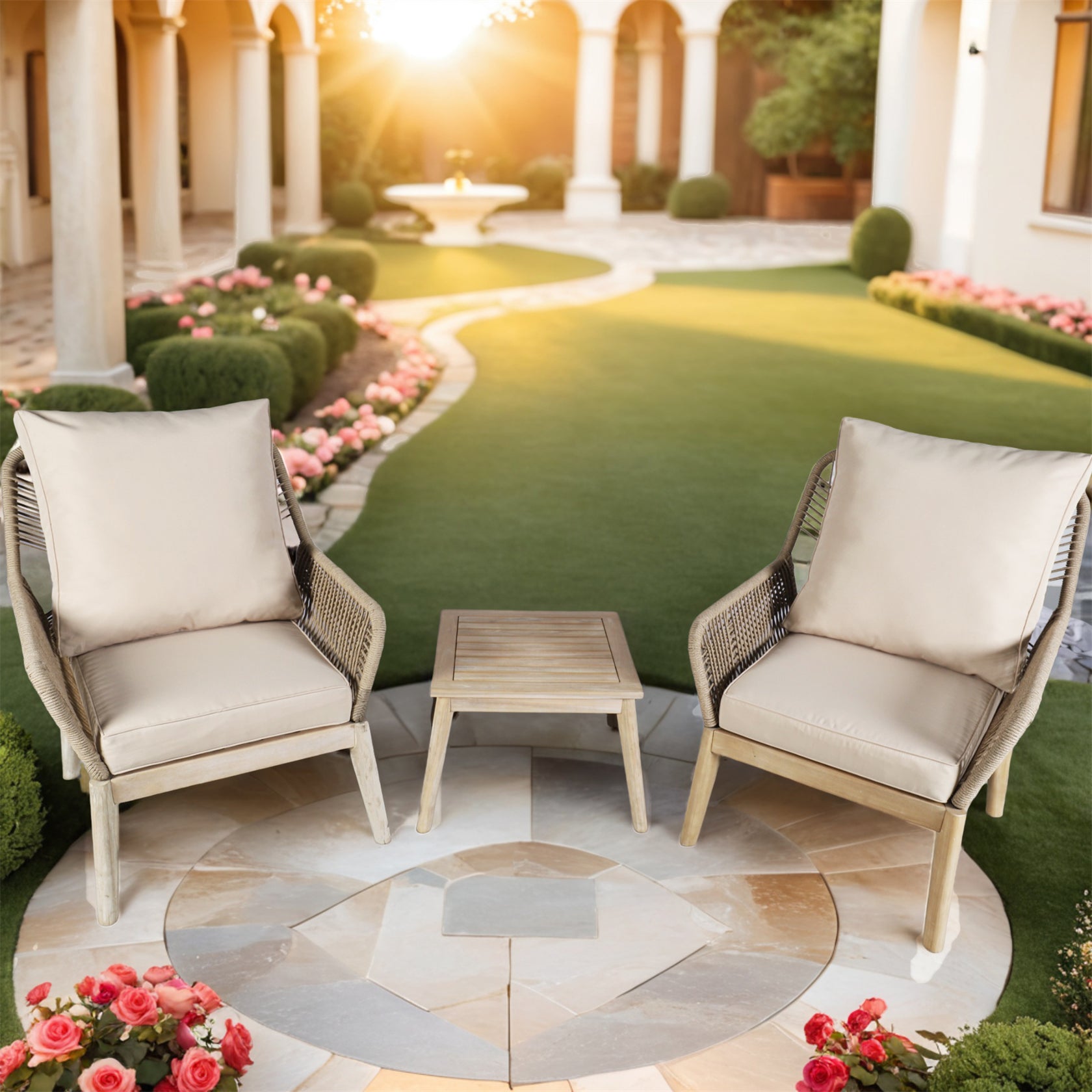 Acacia Wood Bench & Chair Sets – Outdoor Seating Set with Comfort & Woven Rope Design (PAC-2522)