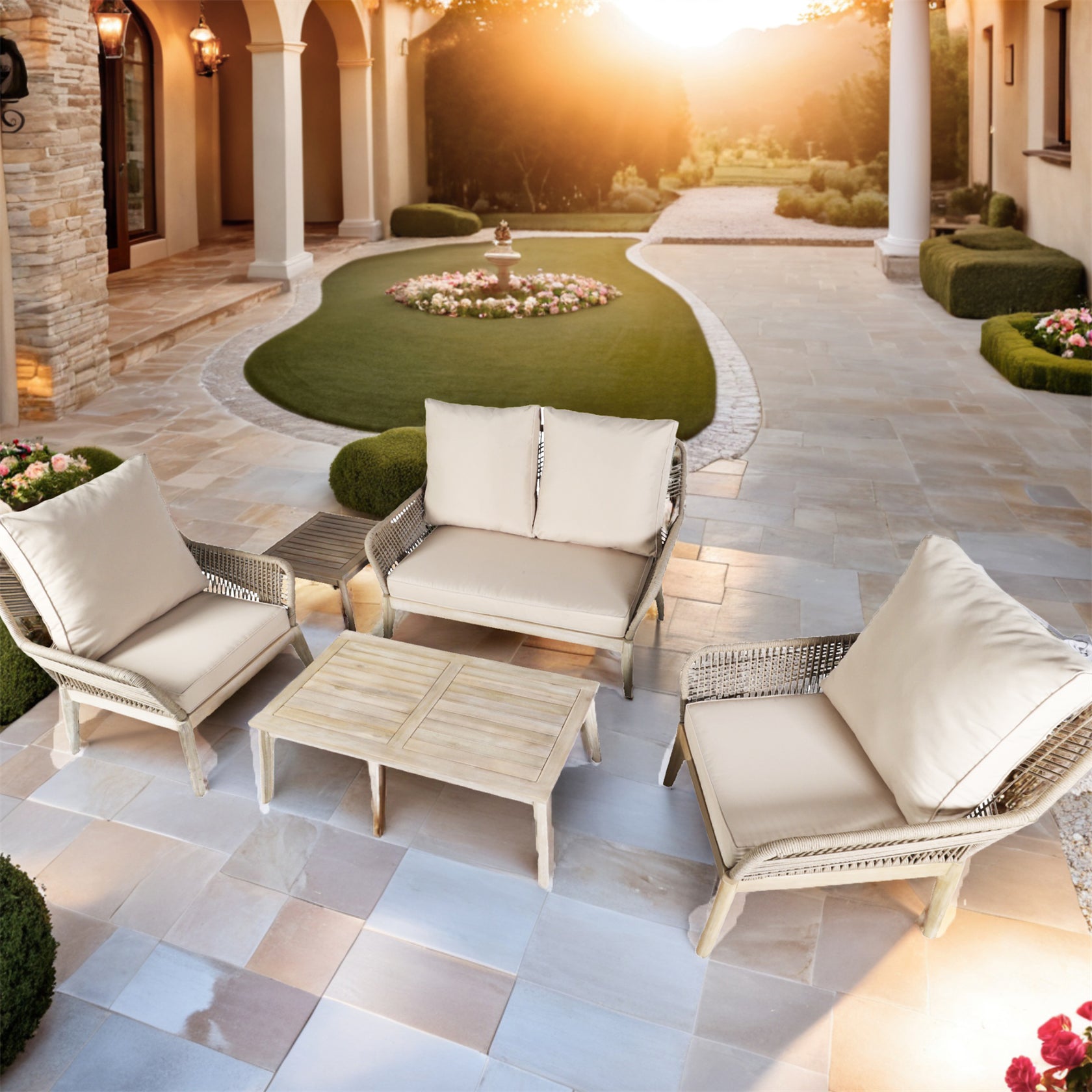 Acacia Wood Bench & Chair Sets – Outdoor Seating Set with Comfort & Woven Rope Design (PAC-2522)