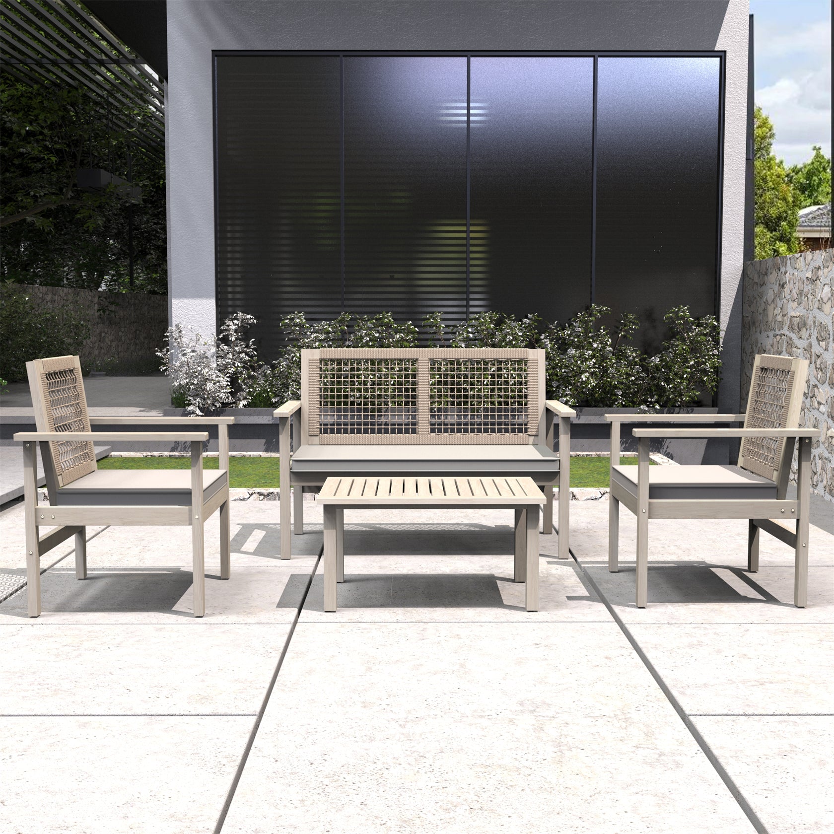 Acacia Wood Bench & Chair Sets – Outdoor Seating Set with Comfort & Woven Rope Design (PAC-2523)