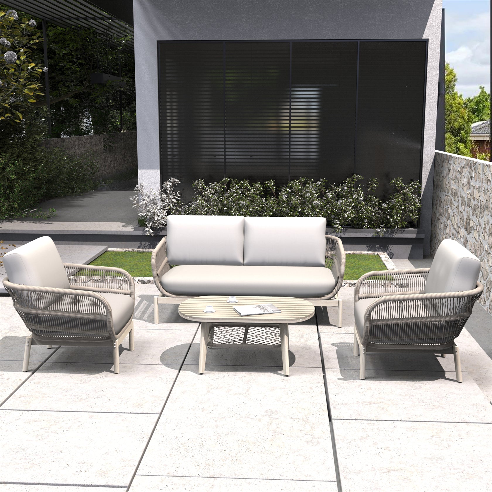 Acacia Wood Bench & Chair Sets – Outdoor Seating Set with Comfort & Woven Rope Design (PAC-2524)