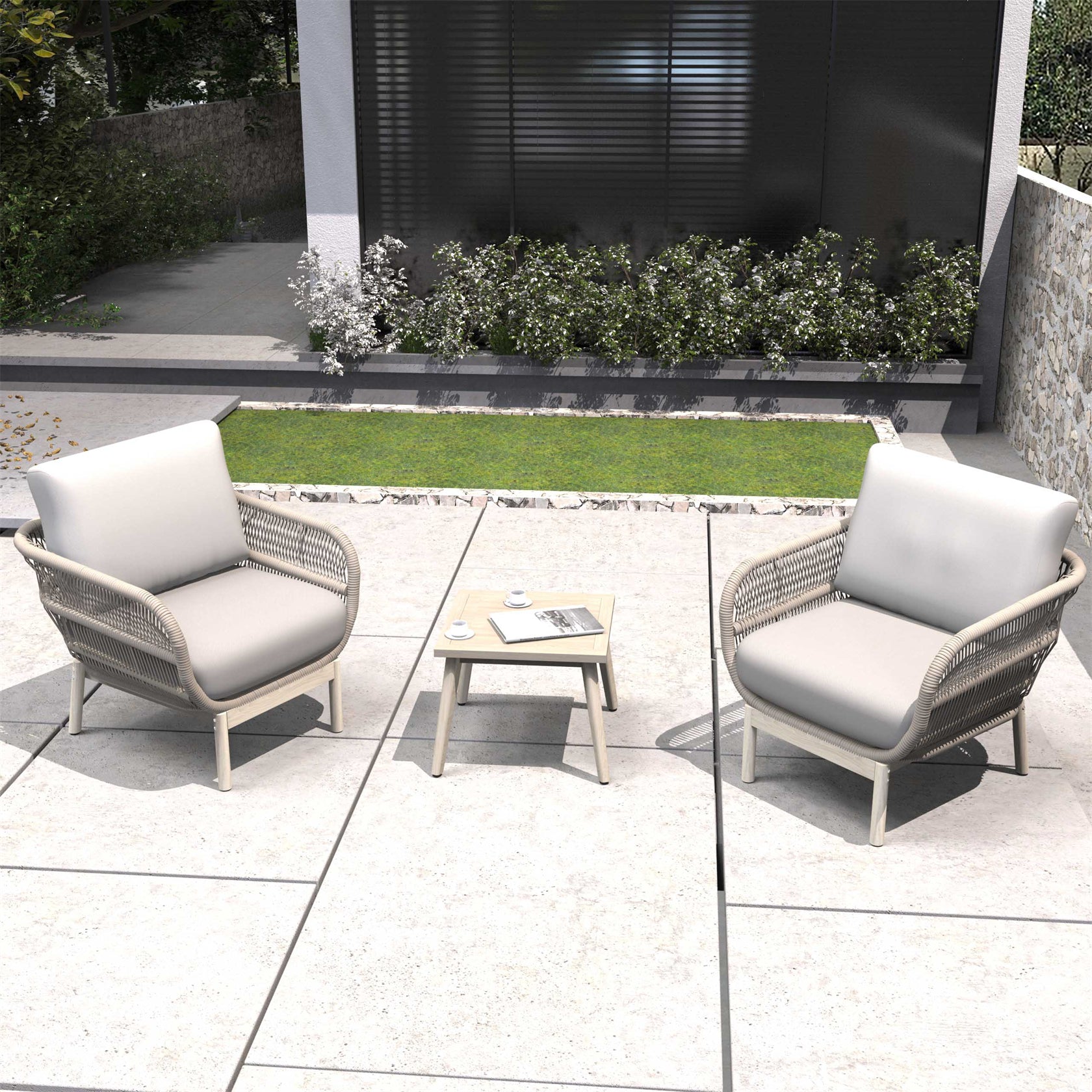 Acacia Wood Bench & Chair Sets – Outdoor Seating Set with Comfort & Woven Rope Design (PAC-2524)