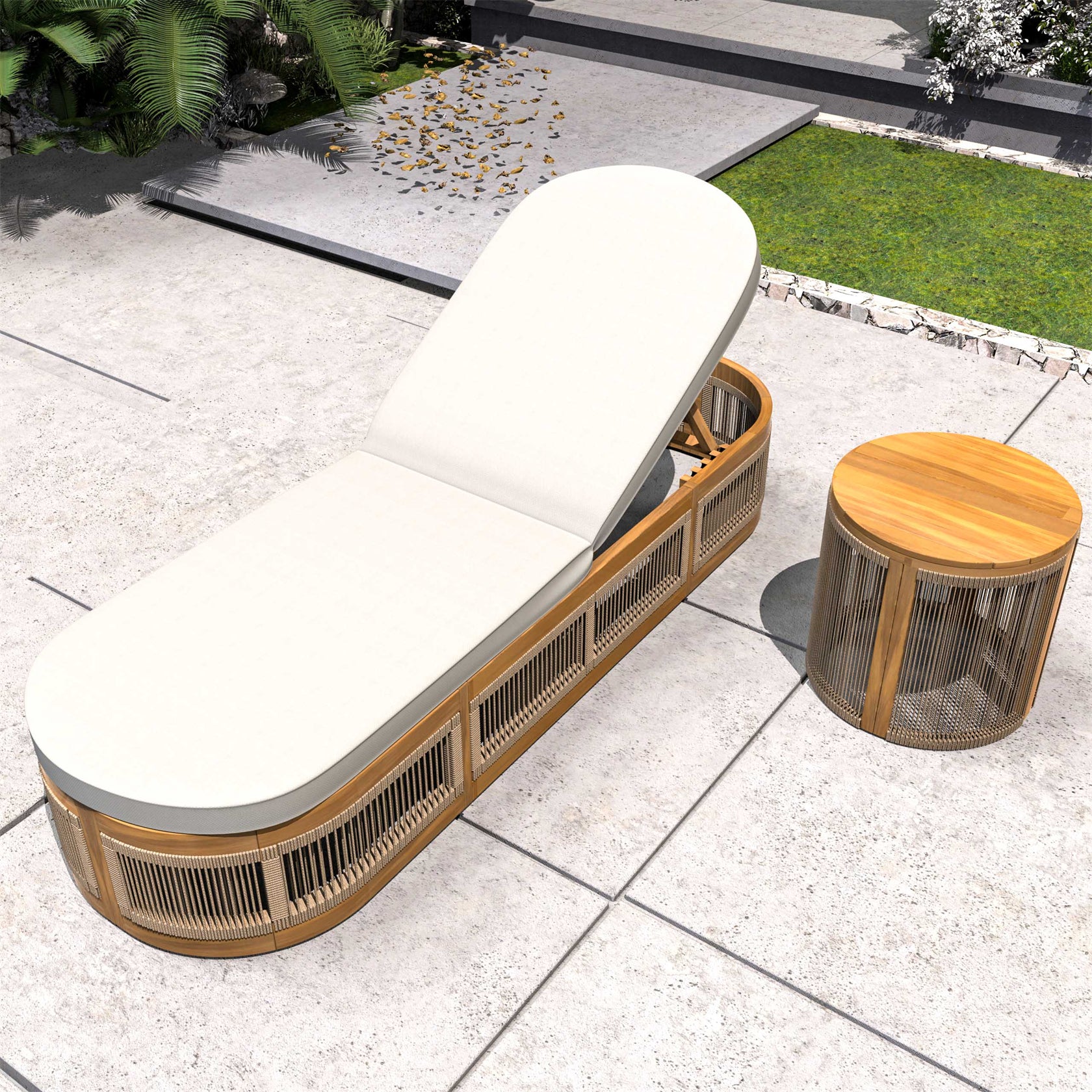 Rebel Wood ounge Set – Lounger with Side Table, Woven Rope Design (PAL-2518)