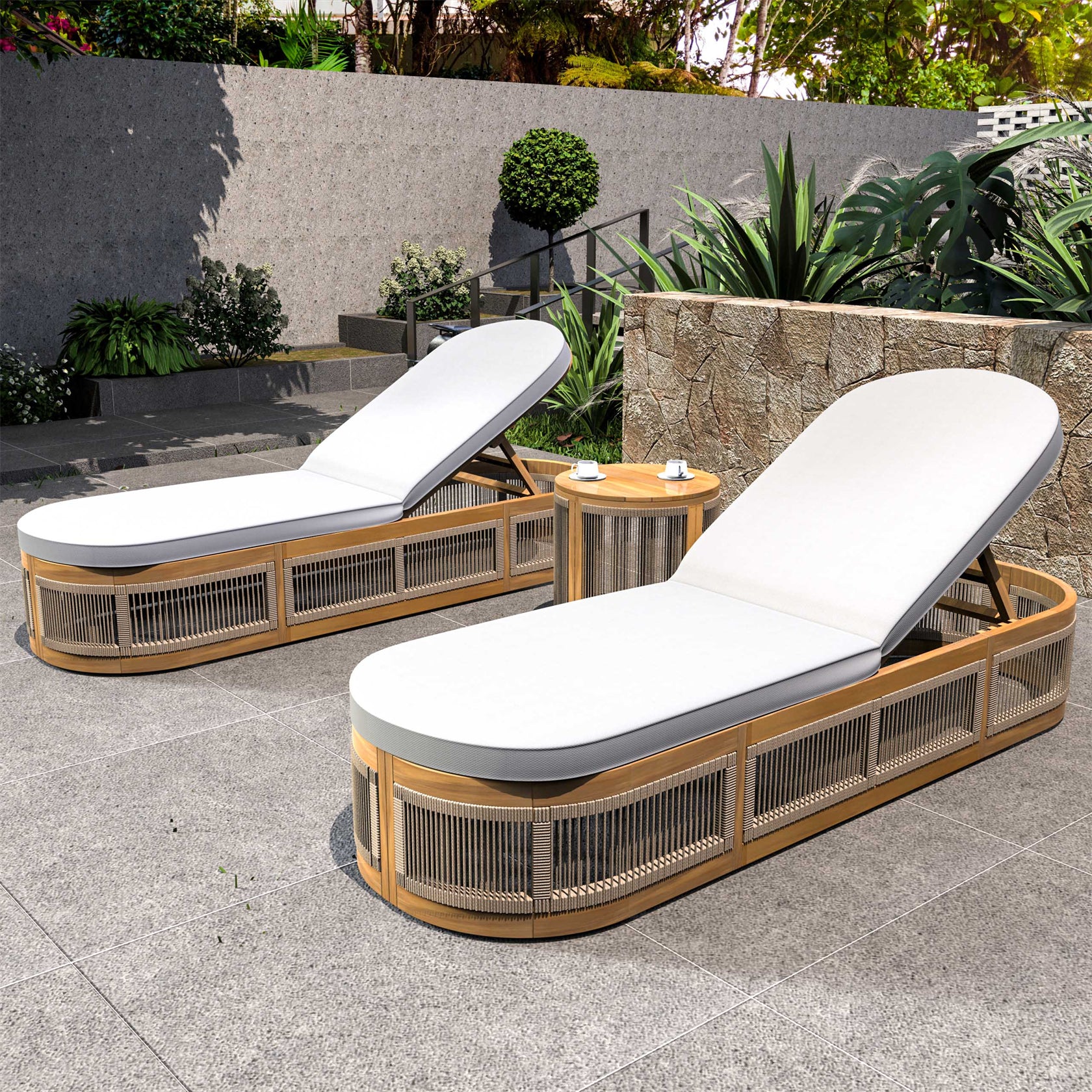 Rebel Wood ounge Set – 2 Loungers with Side Table, Woven Rope Design (PAL-2518)