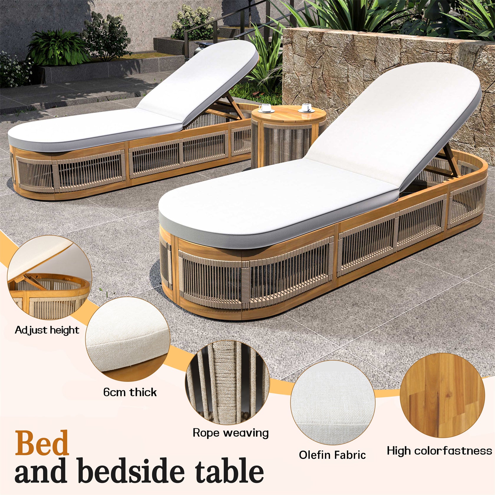 Rebel Wood ounge Set – 2 Loungers with Side Table, Woven Rope Design (PAL-2518)