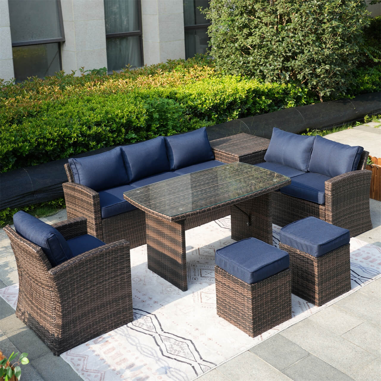 8 Seats Outdoor Conversation Set Patio Sofa Set Brown wicker with blue covers