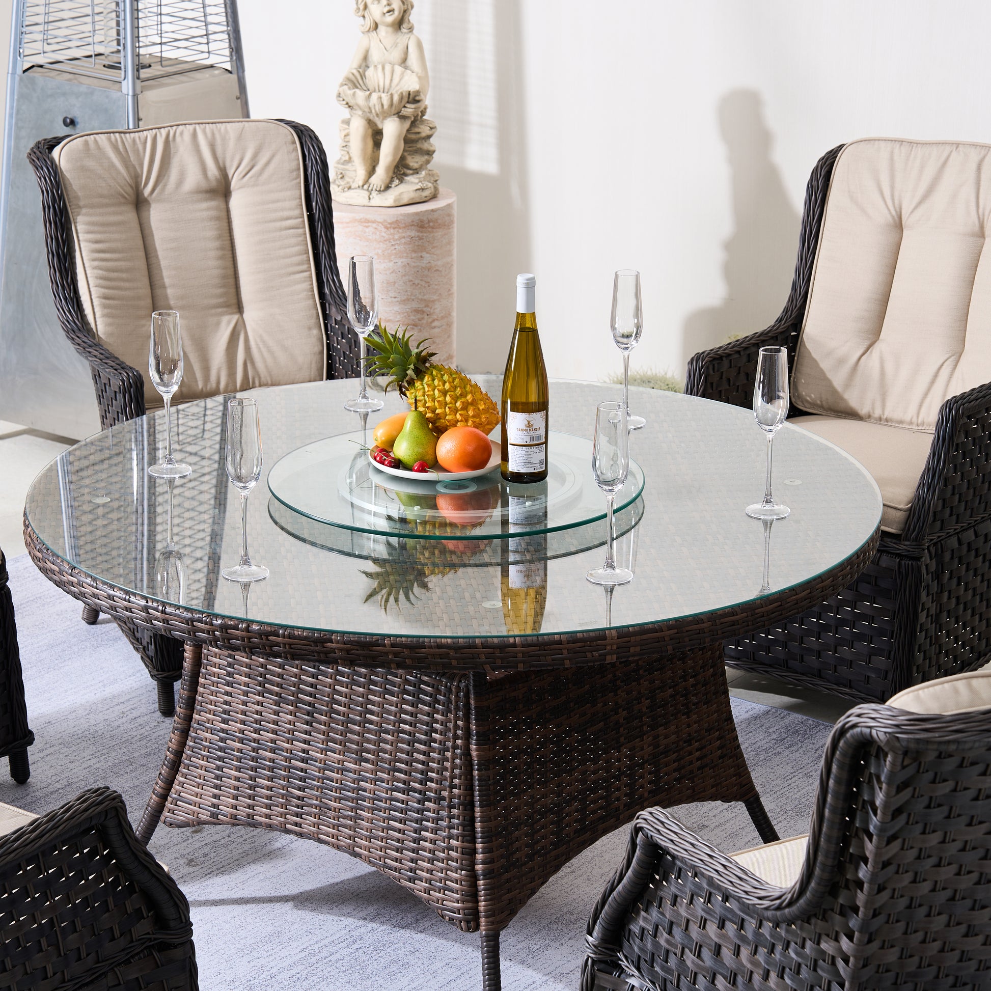 Round Table Glass Top Wicker Dining Table Ravenna 6-Seat Outdoor