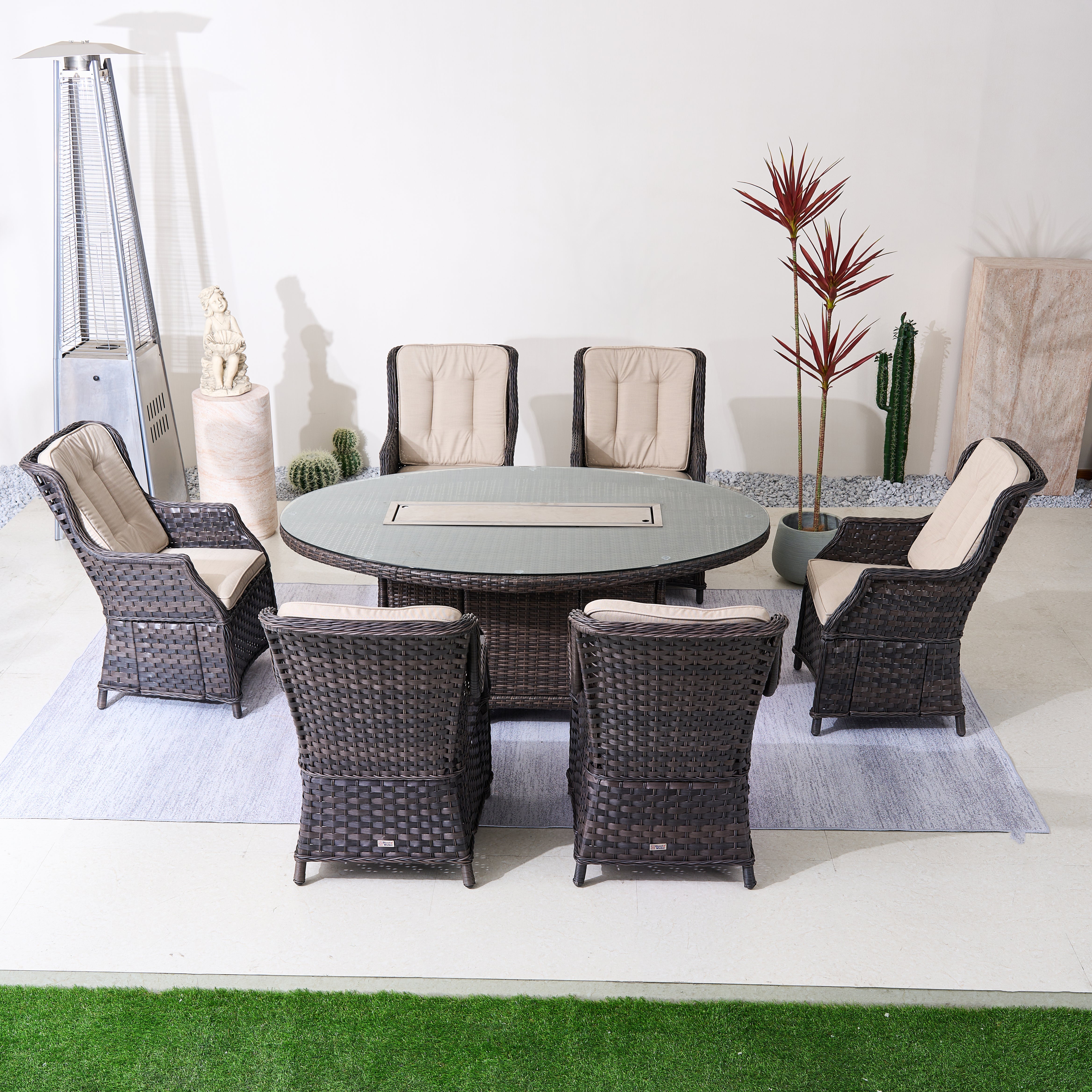 Direct Wicker 7-Piece Aluminum Rattan Fire Pit Table Set with Glass Wind Guard (PAC-010+1106O)
