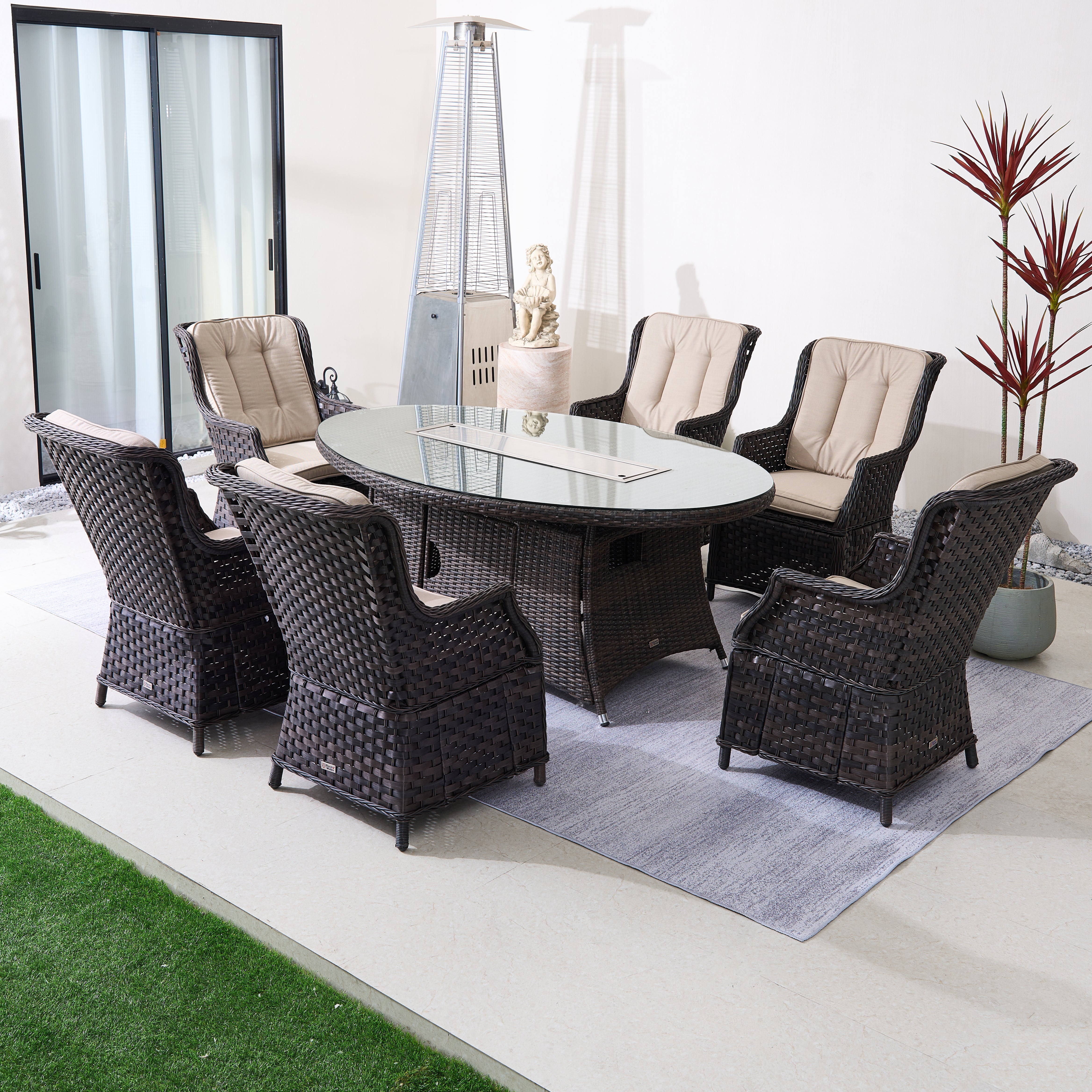 Direct Wicker 7-Piece Aluminum Rattan Fire Pit Table Set with Glass Wind Guard (PAC-010+1106O)
