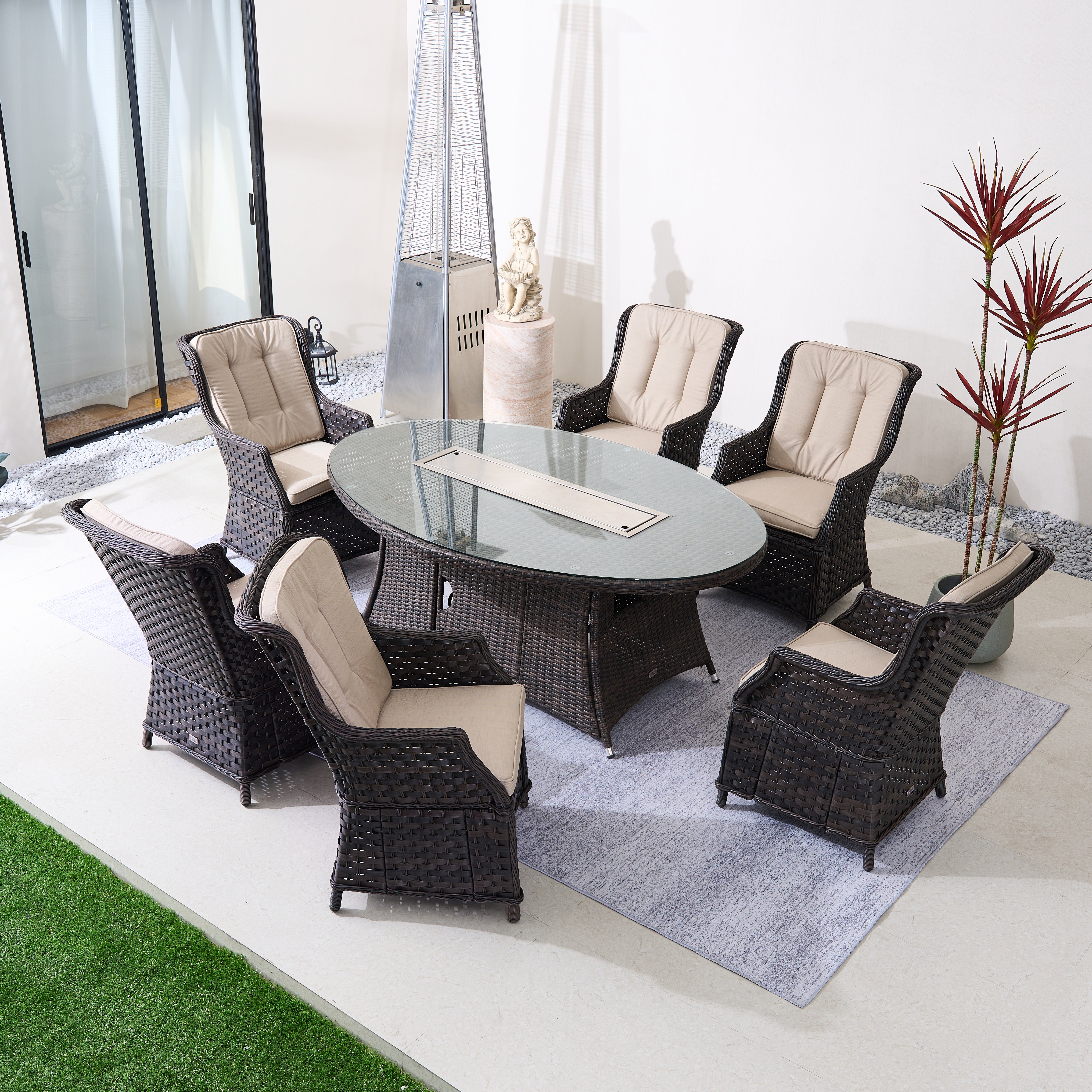 Direct Wicker 7-Piece Aluminum Rattan Fire Pit Table Set with Glass Wind Guard (PAC-010+1106O)
