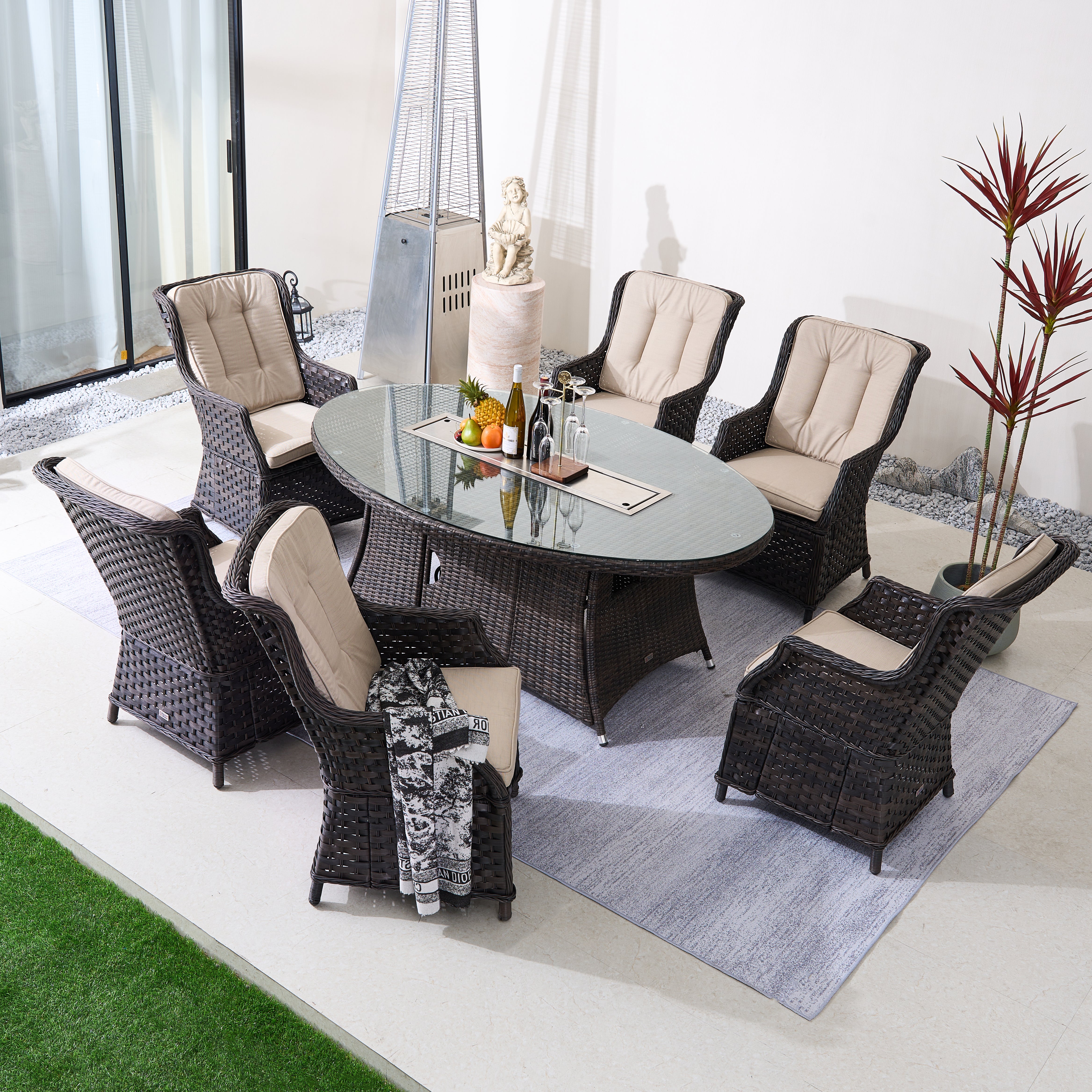 Direct Wicker 7-Piece Aluminum Rattan Fire Pit Table Set with Glass Wind Guard (PAC-010+1106O)