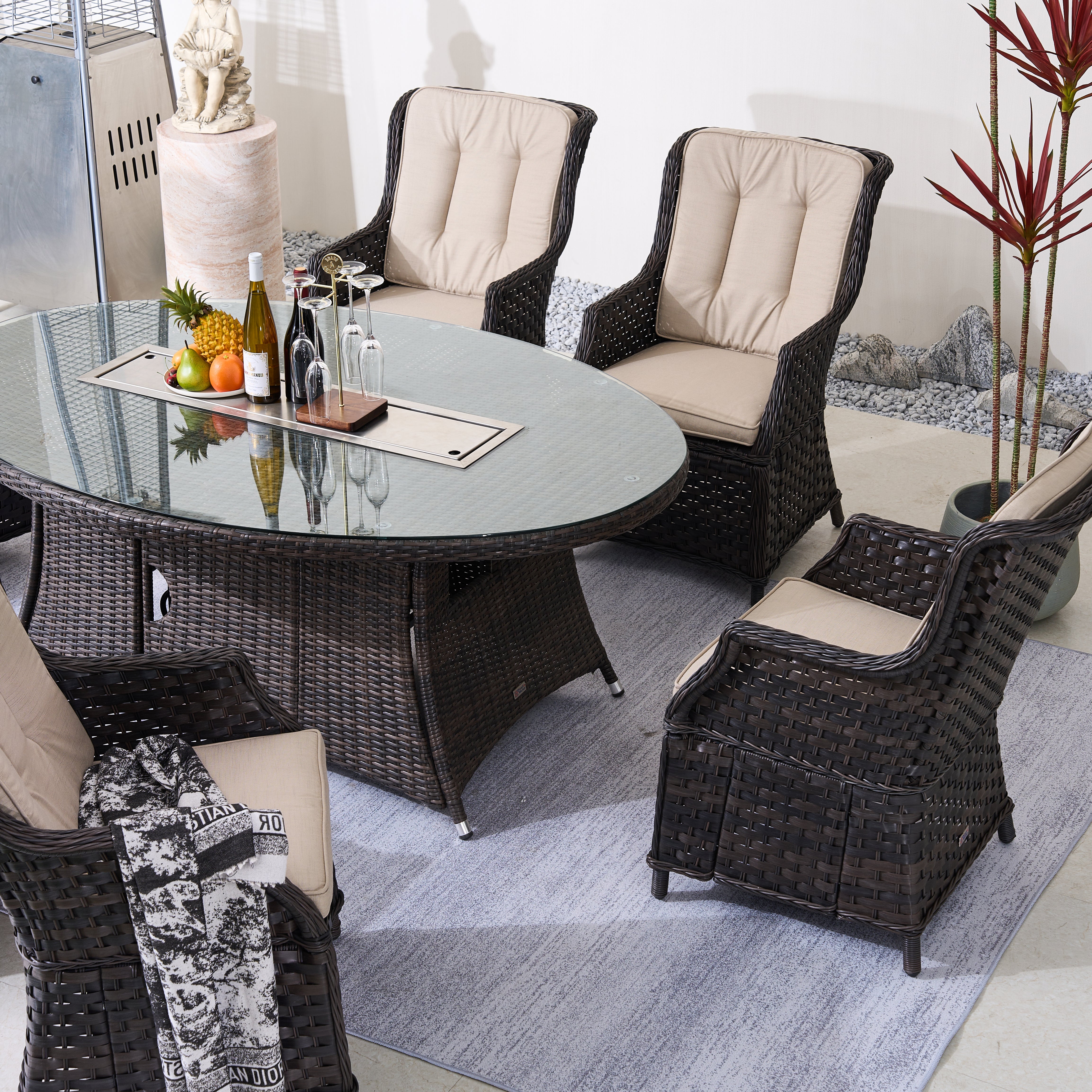 Direct Wicker 7-Piece Aluminum Rattan Fire Pit Table Set with Glass Wind Guard (PAC-010+1106O)