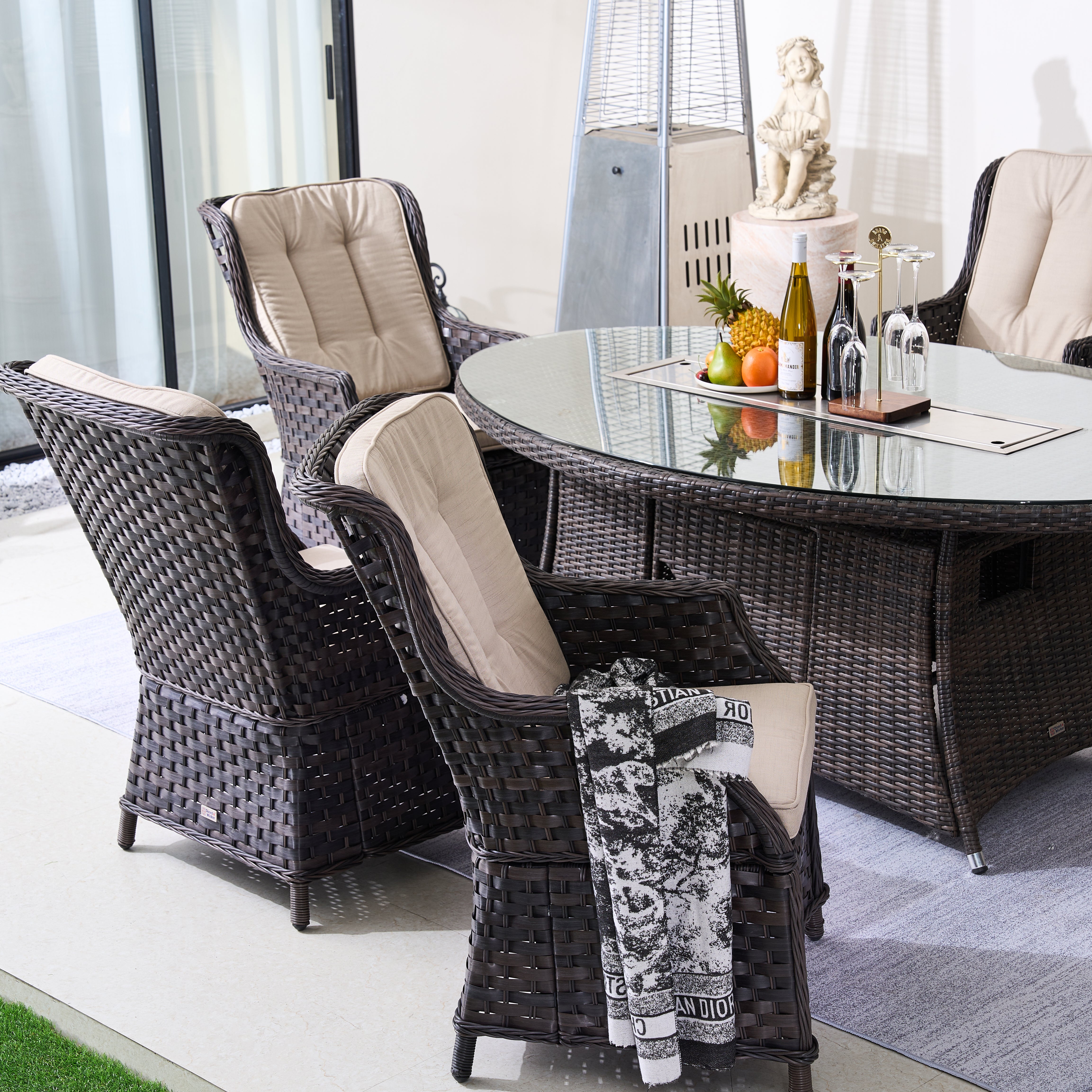 Direct Wicker 7-Piece Aluminum Rattan Fire Pit Table Set with Glass Wind Guard (PAC-010+1106O)