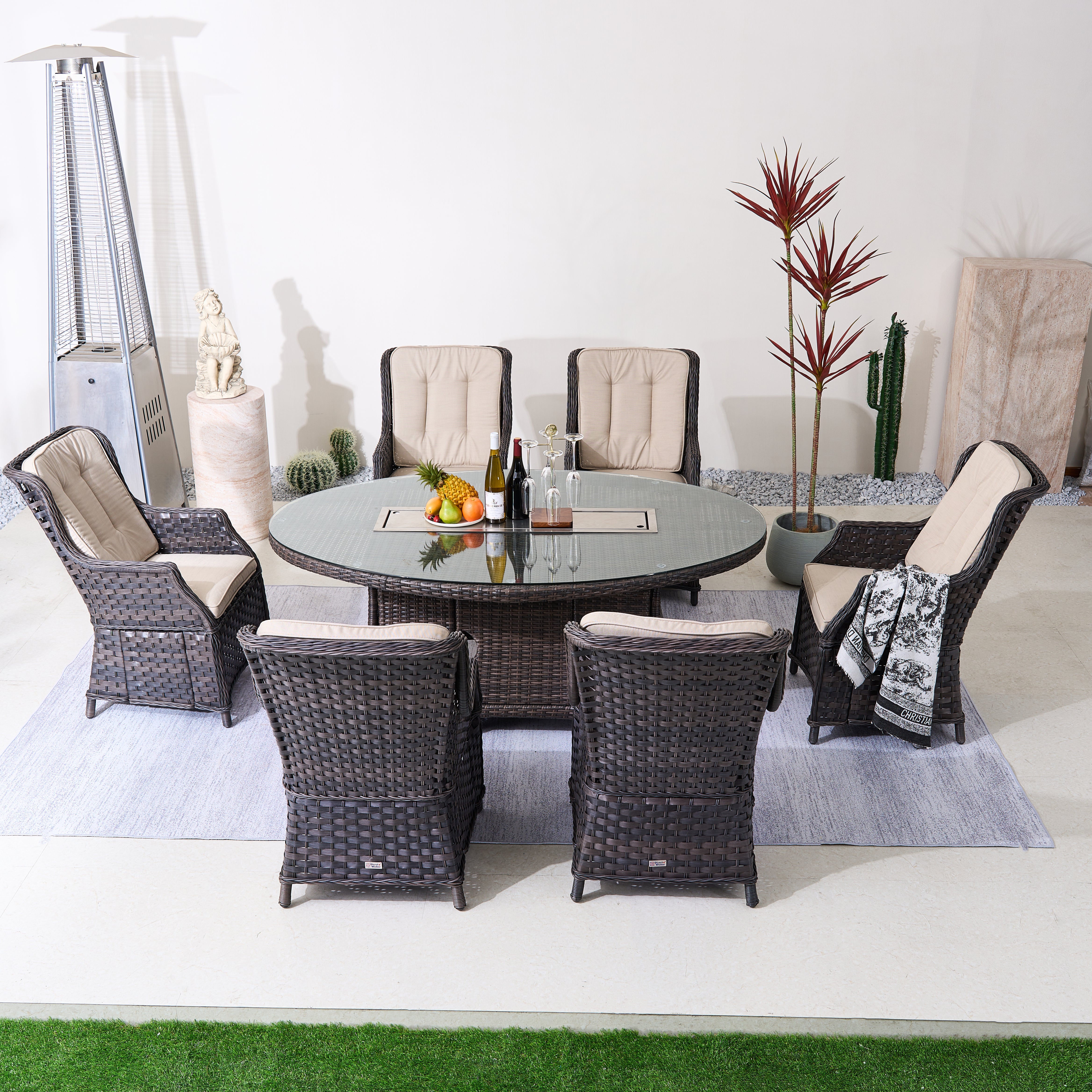 Direct Wicker 7-Piece Aluminum Rattan Fire Pit Table Set with Glass Wind Guard (PAC-010+1106O)