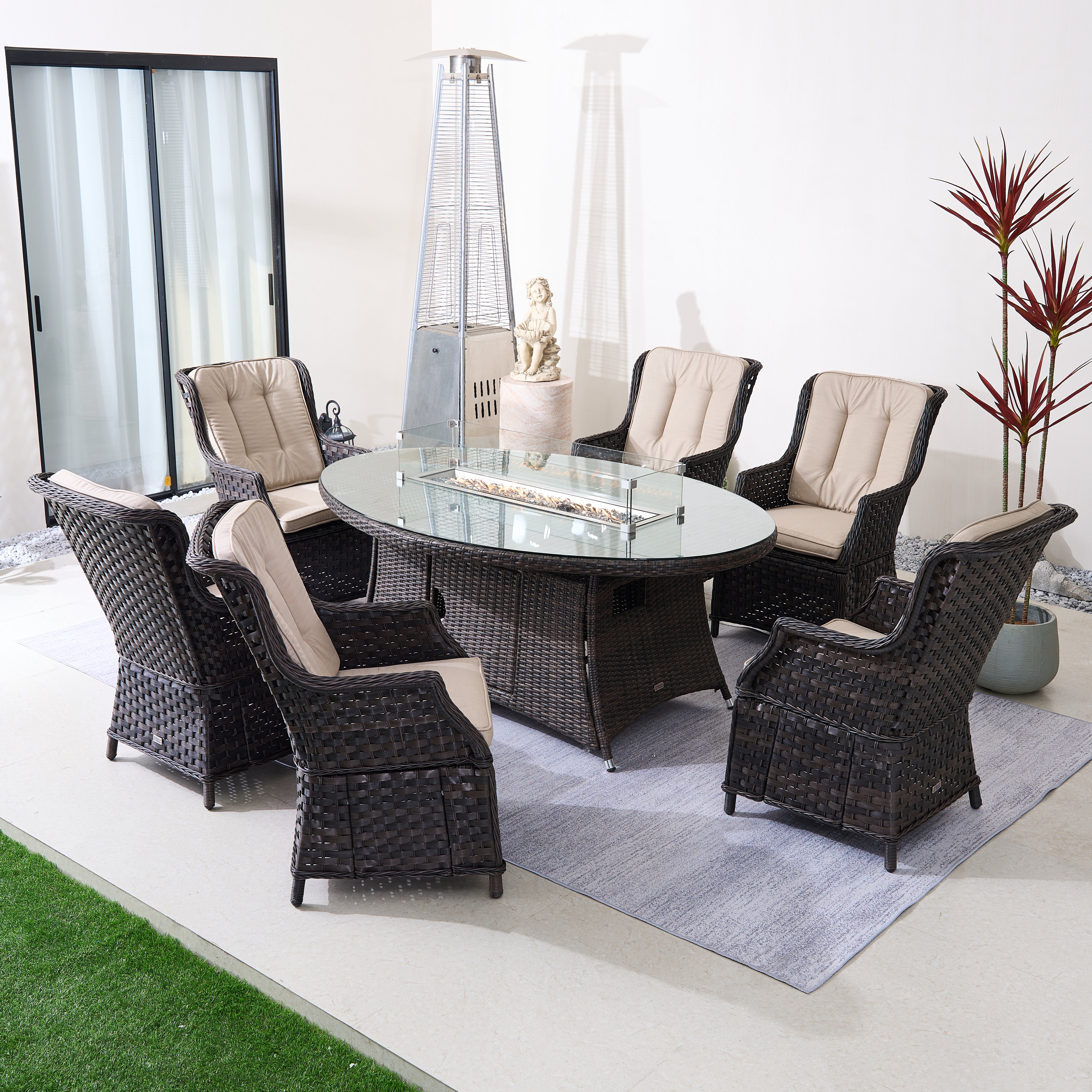 Direct Wicker 7-Piece Aluminum Rattan Fire Pit Table Set with Glass Wind Guard (PAC-010+1106O)