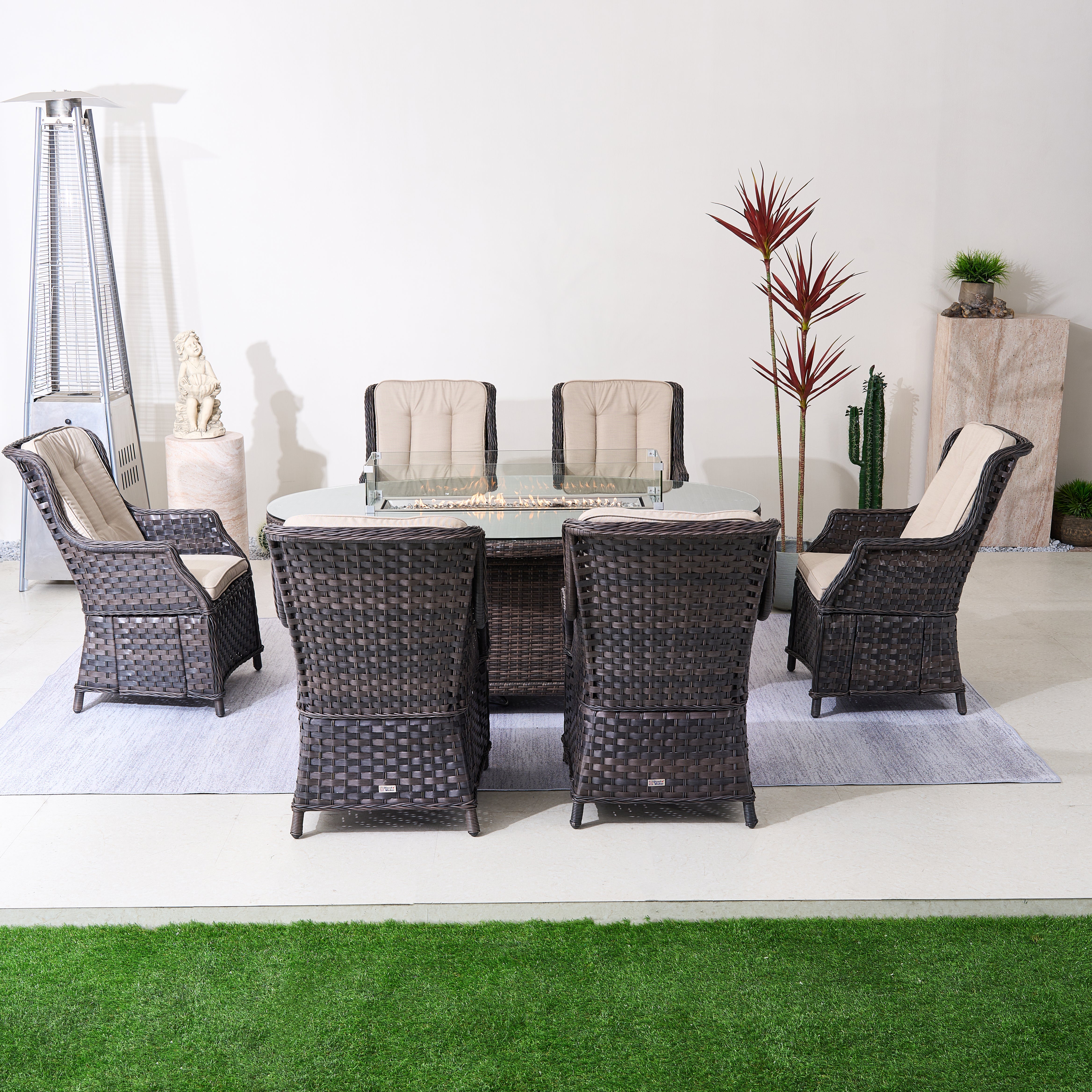 Direct Wicker 7-Piece Aluminum Rattan Fire Pit Table Set with Glass Wind Guard (PAC-010+1106O)