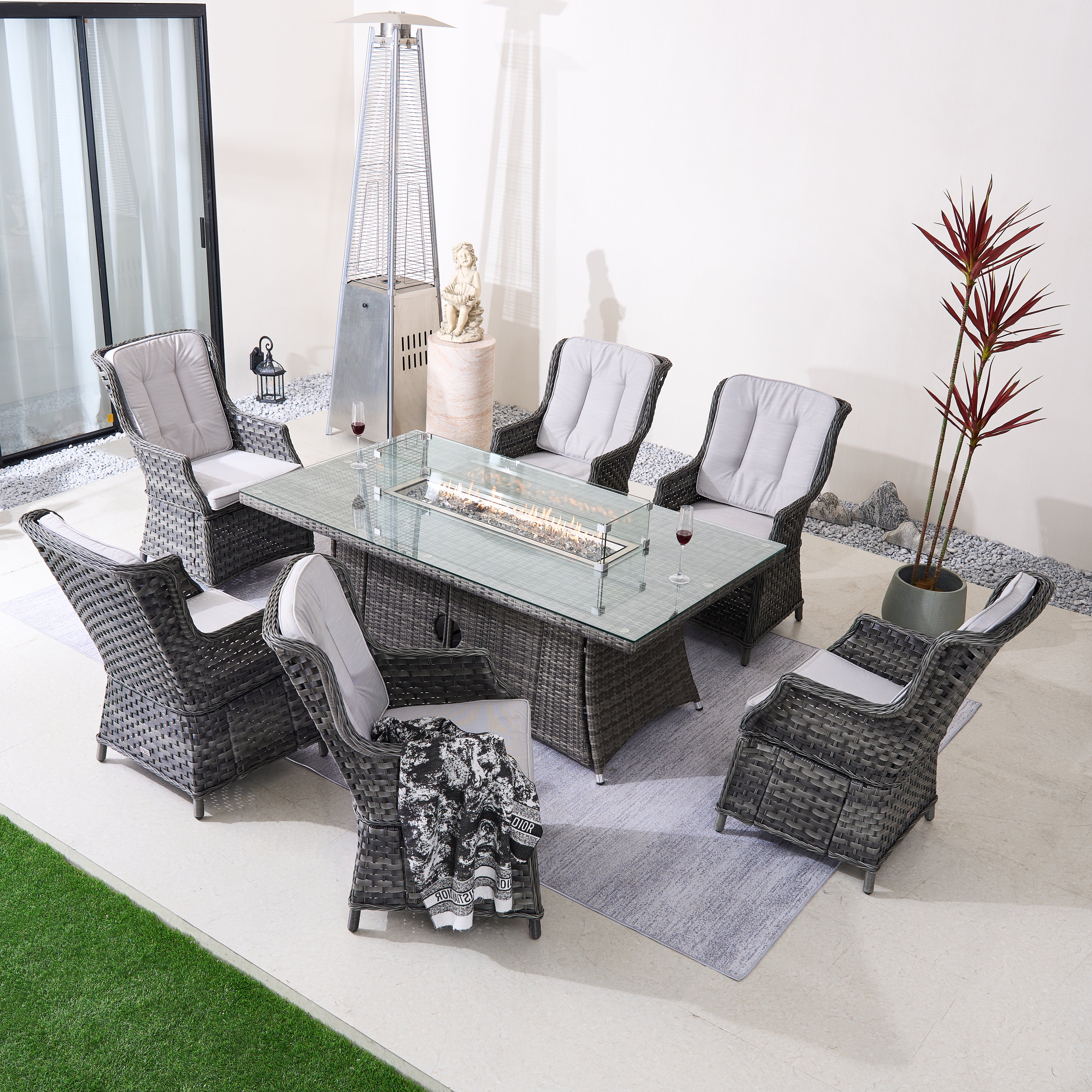 6-Person Rectangular Rattan Fire Pit Table Set (PAC-010+1106R)