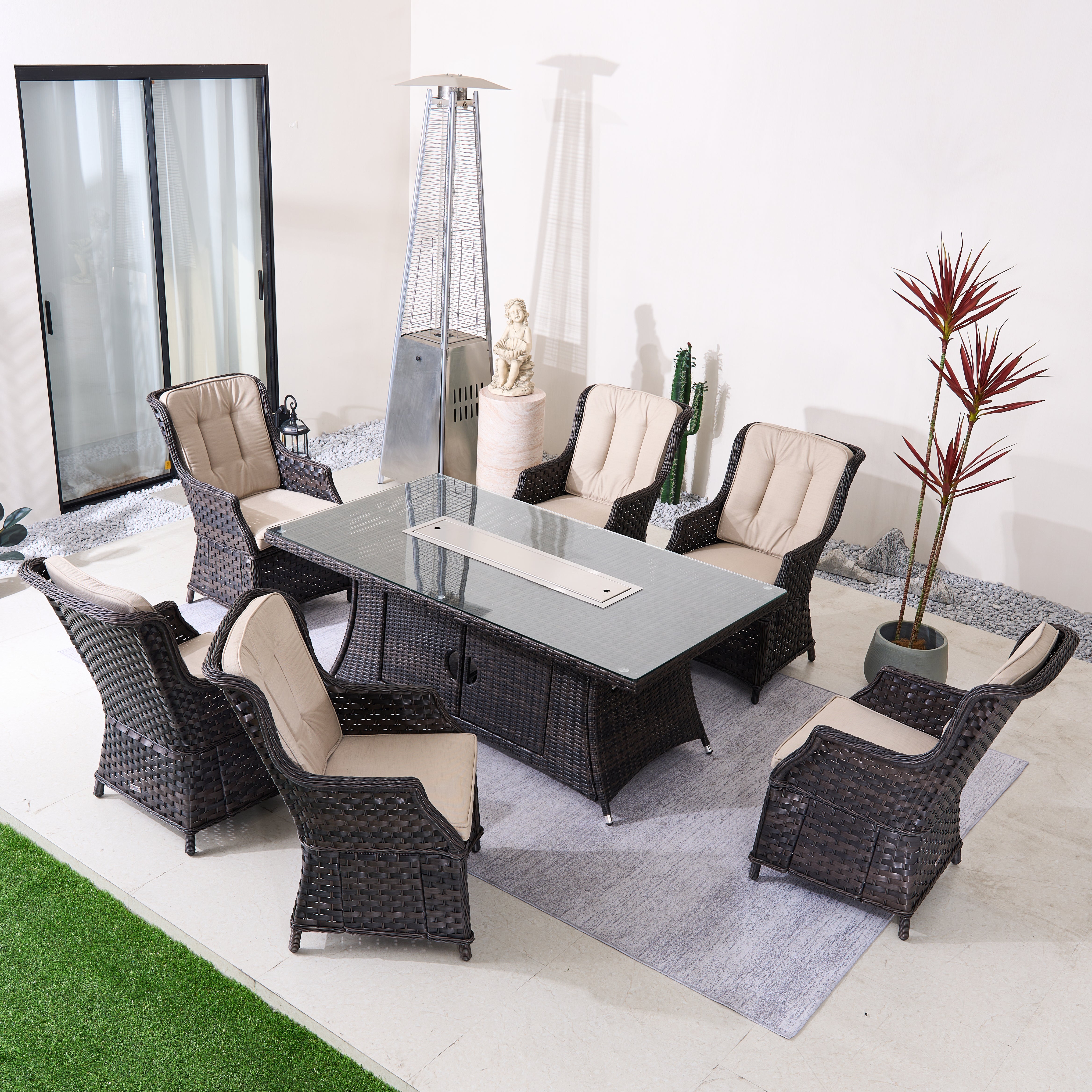 6-Person Rectangular Rattan Fire Pit Table Set (PAC-010+1106R)