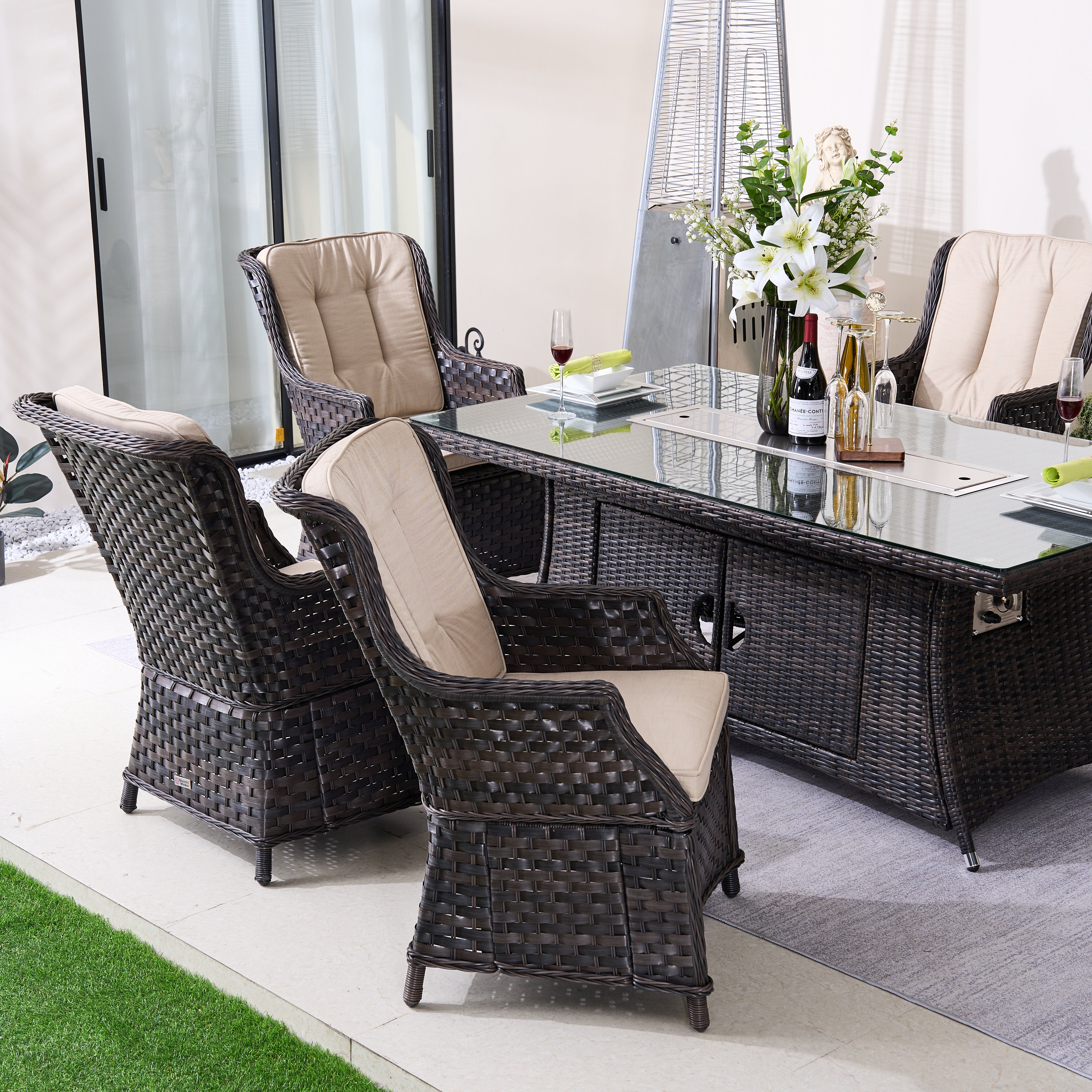 6-Person Rectangular Rattan Fire Pit Table Set (PAC-010+1106R)