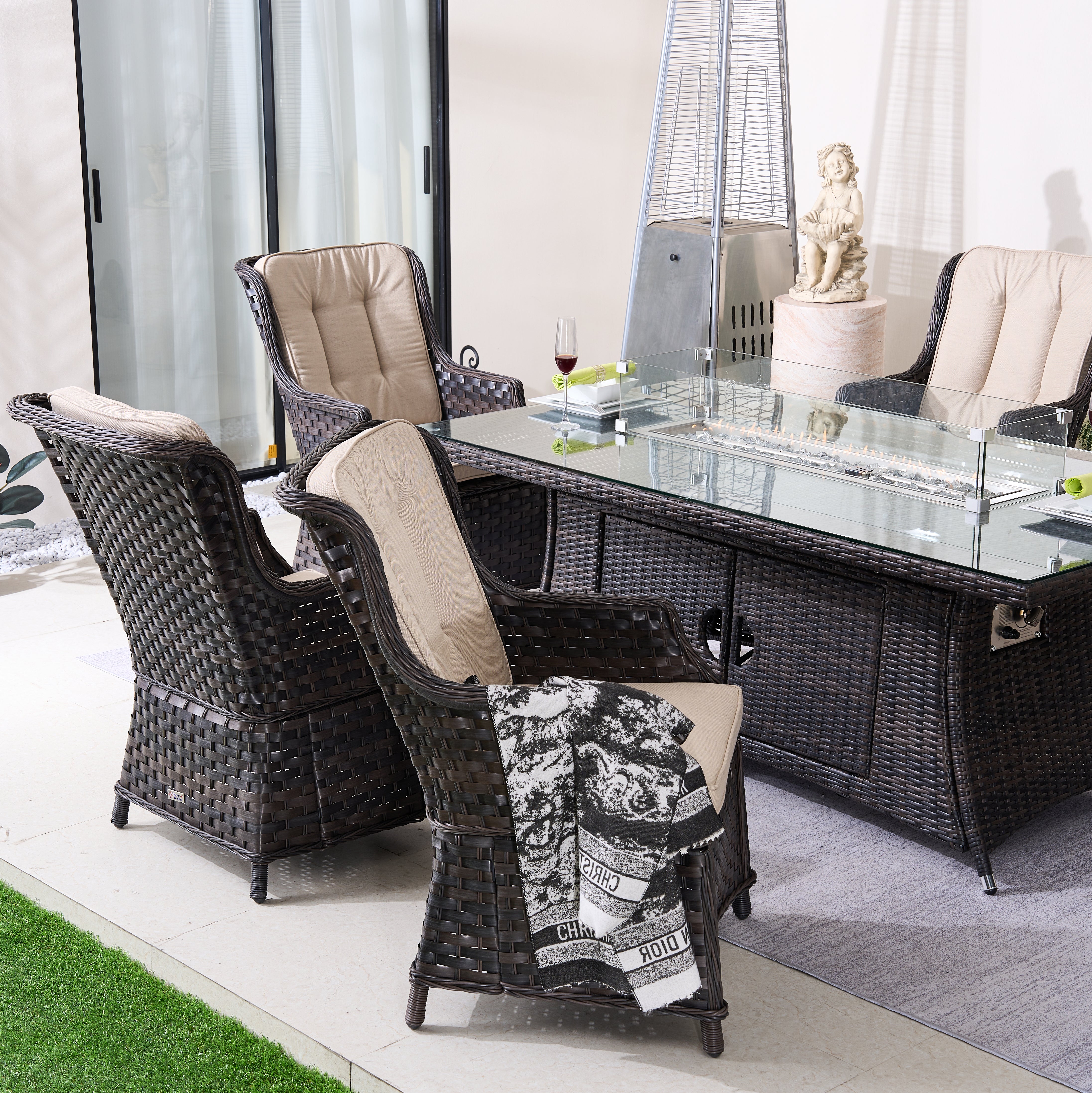 6-Person Rectangular Rattan Fire Pit Table Set (PAC-010+1106R)