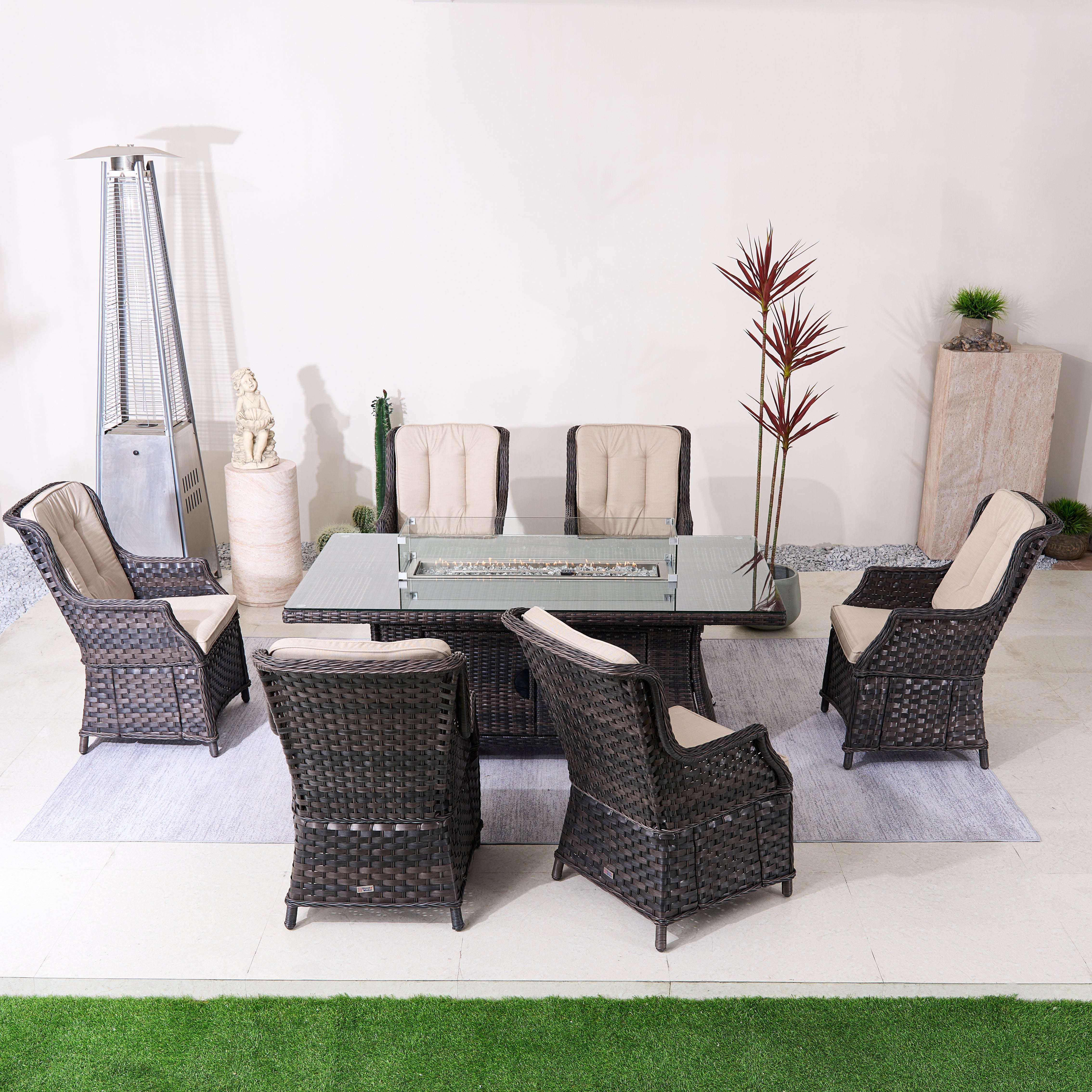 6-Person Rectangular Rattan Fire Pit Table Set (PAC-010+1106R)