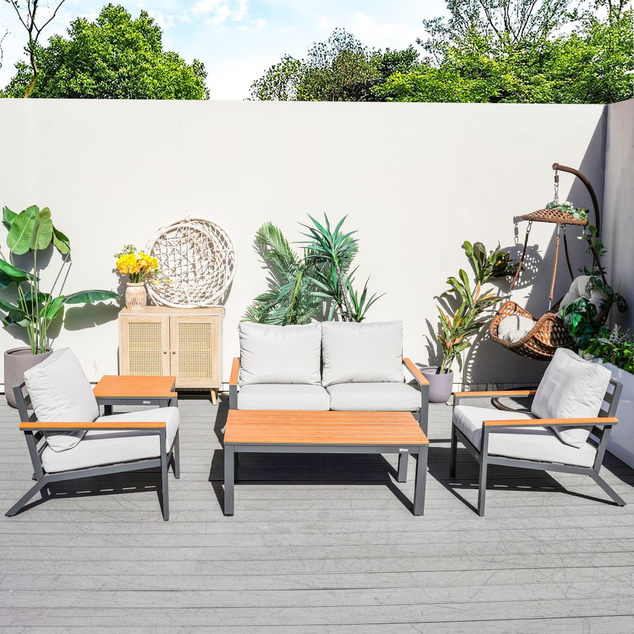 Outdoor Aluminum Leisure Sofa Set with Imitation Wood Armrest 