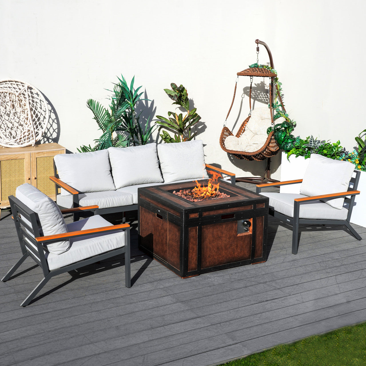 Direct Wicker Outdoor leisure courtyard small space exposed pipe aluminum teak armrests inlaid sofa set with stove table