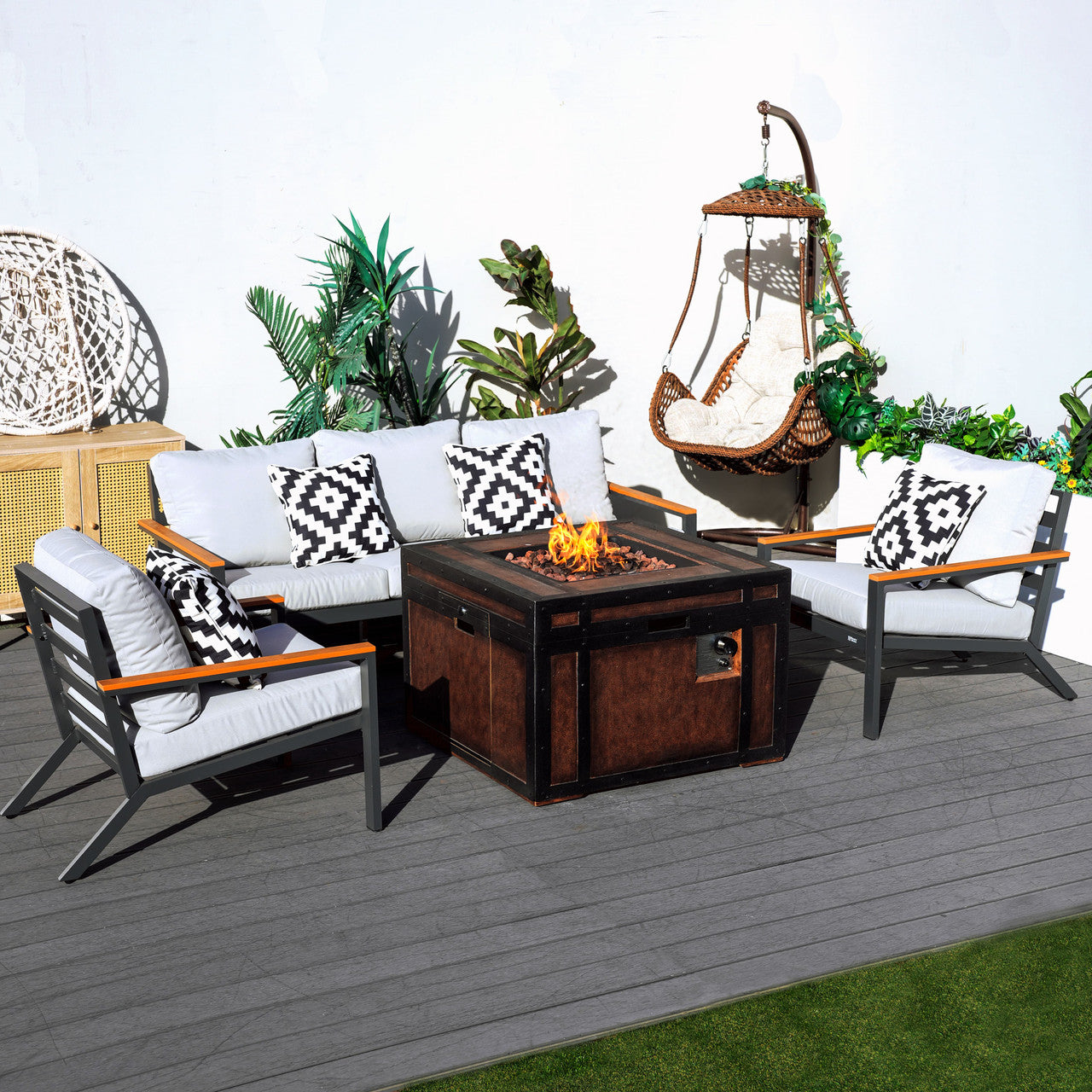 Direct Wicker Outdoor leisure courtyard small space exposed pipe aluminum teak armrests inlaid sofa set with stove table