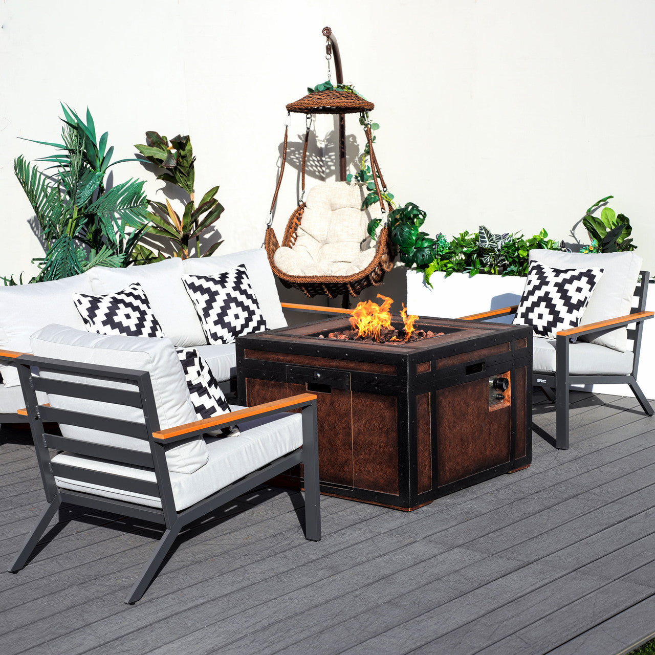Direct Wicker Outdoor leisure courtyard small space exposed pipe aluminum teak armrests inlaid sofa set with stove table