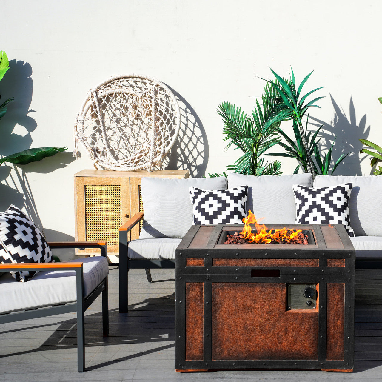 Direct Wicker Outdoor leisure courtyard small space exposed pipe aluminum teak armrests inlaid sofa set with stove table