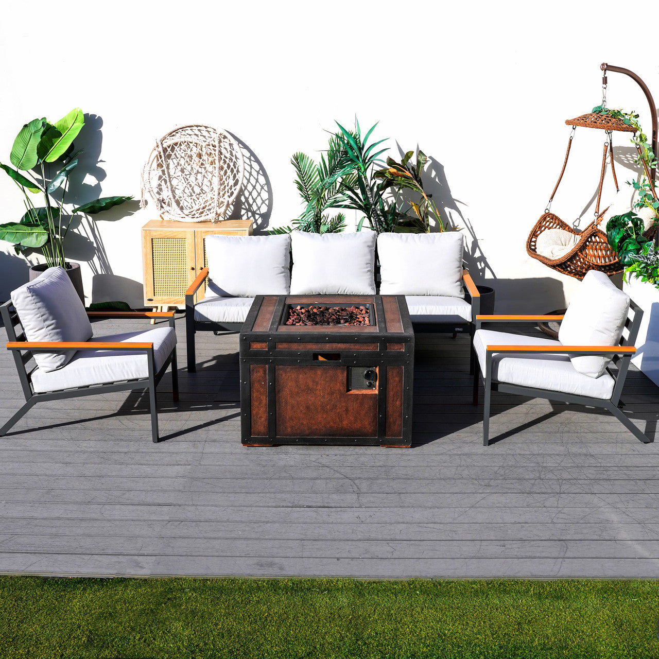 Direct Wicker Outdoor leisure courtyard small space exposed pipe aluminum teak armrests inlaid sofa set with stove table