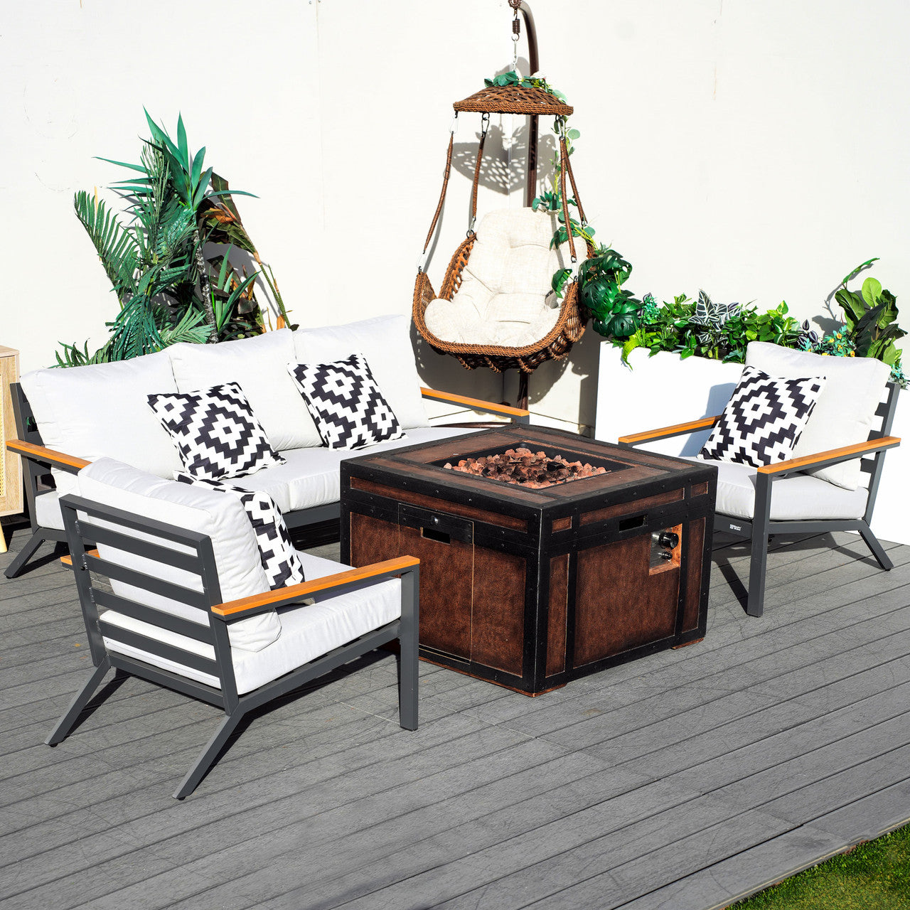 Direct Wicker Outdoor leisure courtyard small space exposed pipe aluminum teak armrests inlaid sofa set with stove table