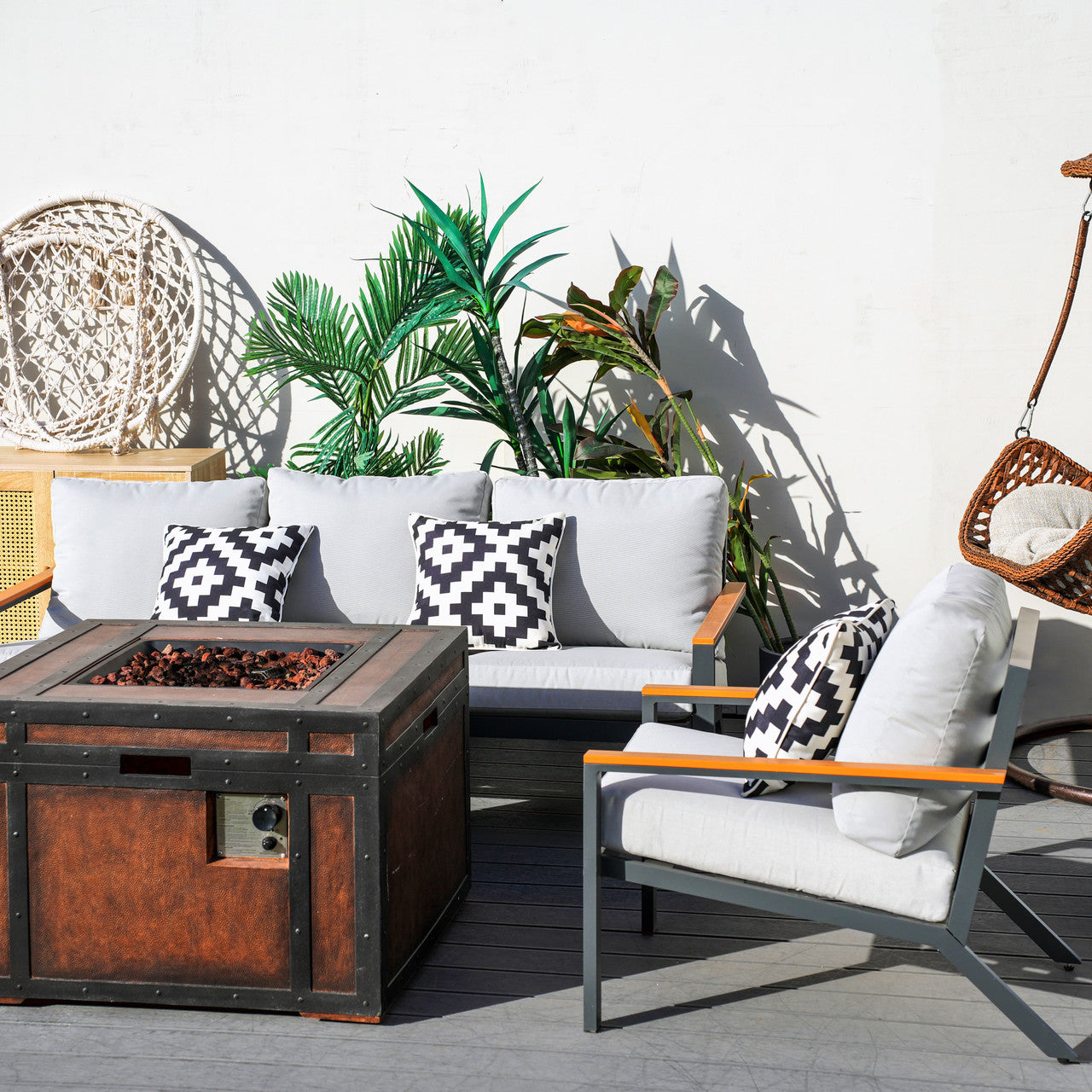 Direct Wicker Outdoor leisure courtyard small space exposed pipe aluminum teak armrests inlaid sofa set with stove table