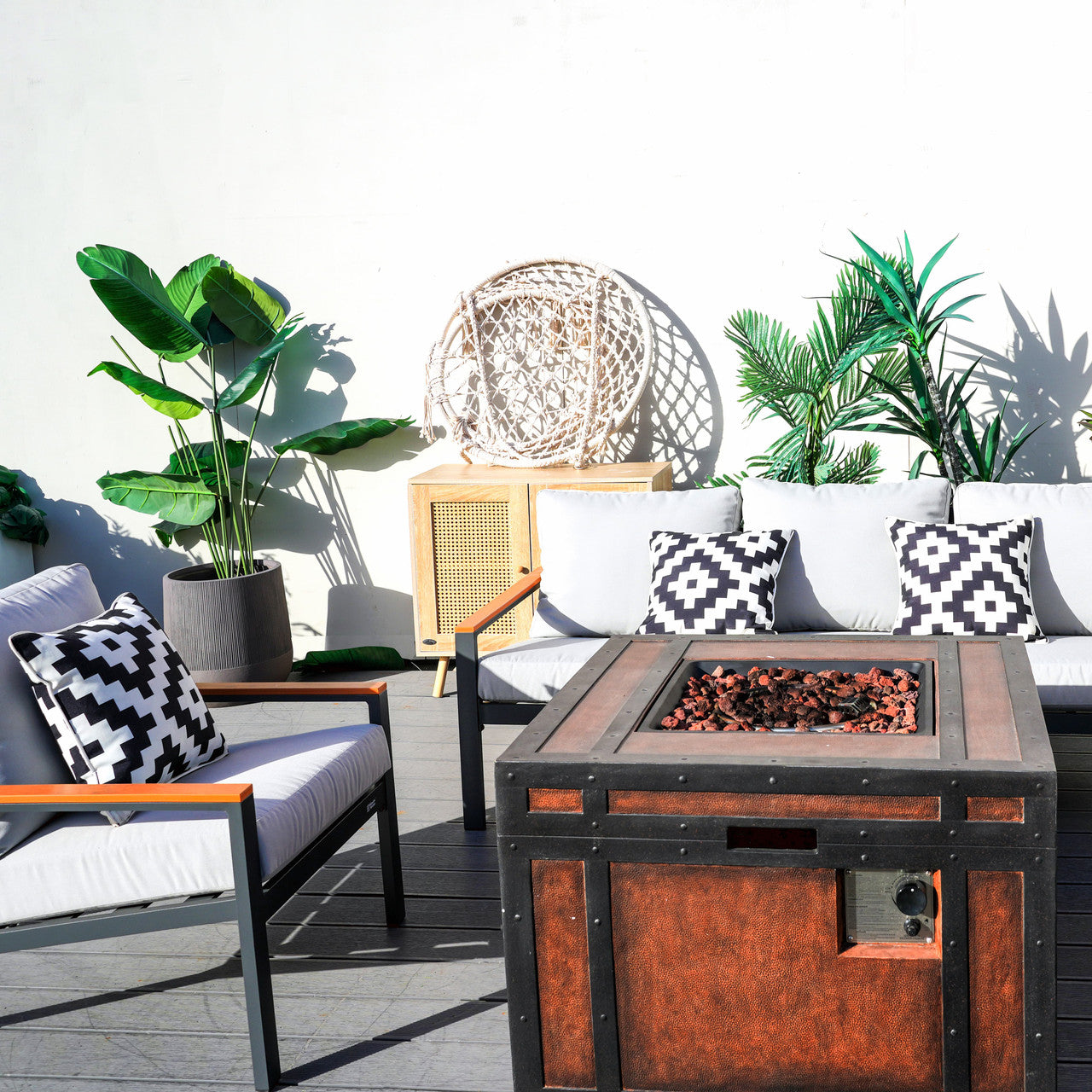 Direct Wicker Outdoor leisure courtyard small space exposed pipe aluminum teak armrests inlaid sofa set with stove table
